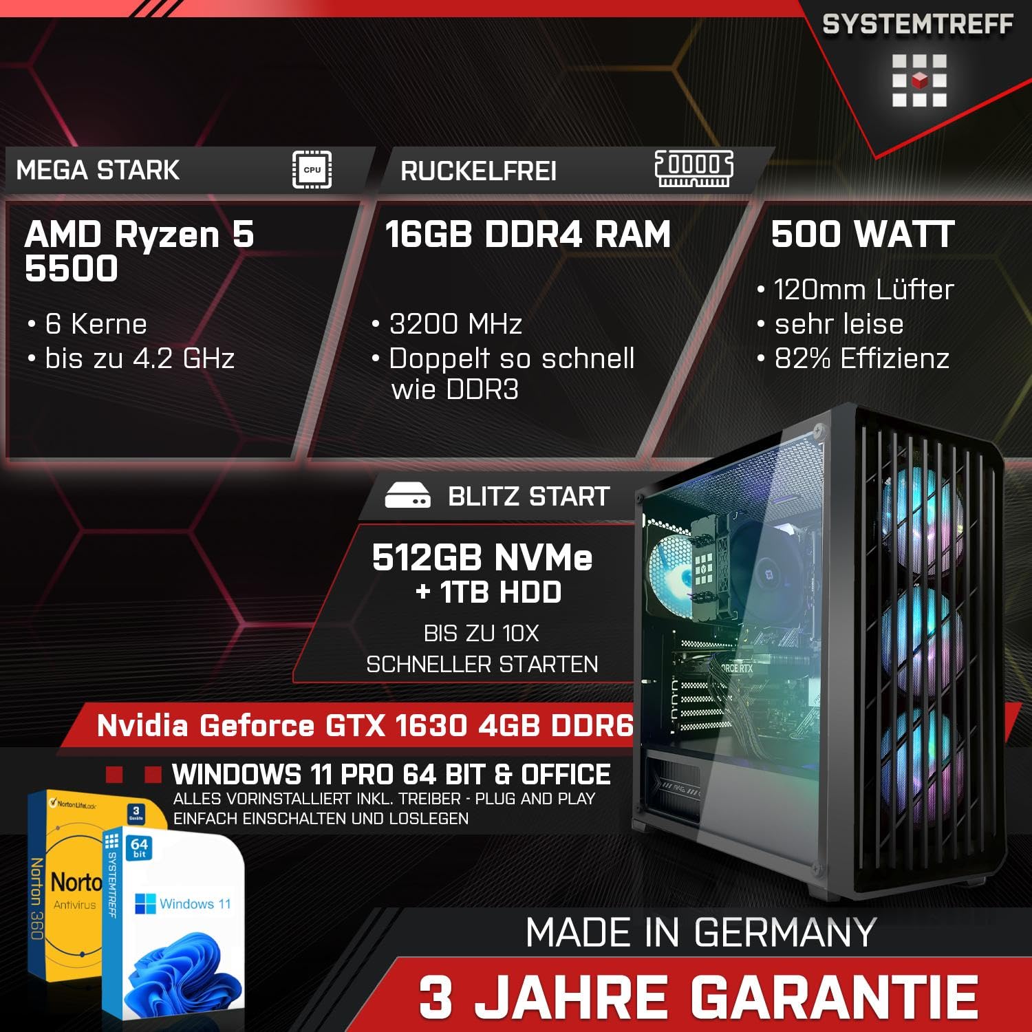 Стаціонарний ПК SYSTEMTREFF Basic Gaming AMD Ryzen 5 5500 Nvidia Geforce GTX 1630 4GB 512GB M.2 NVMe + 1TB HDD 16GB DDR4 RAM, фото №2