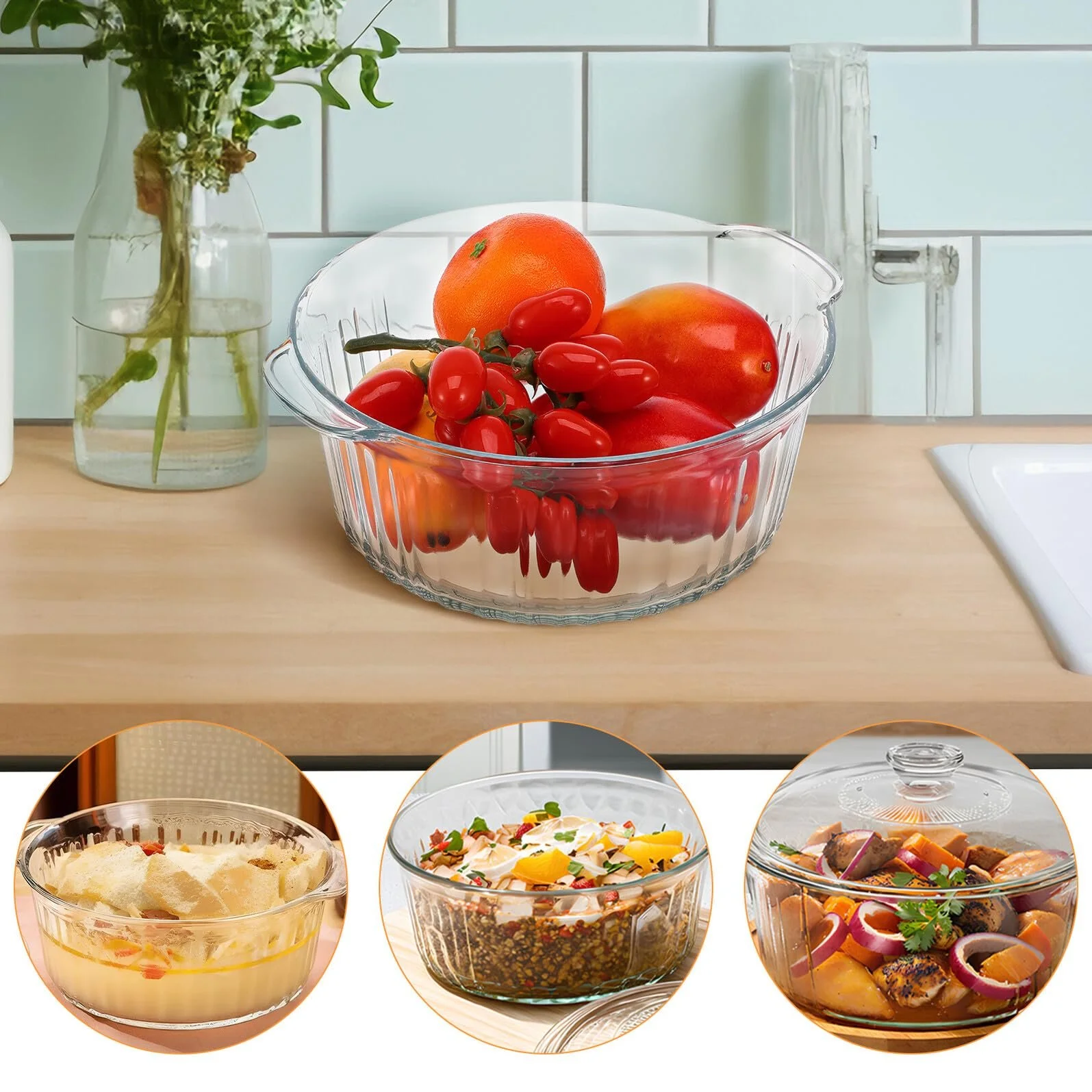 Форма для запекания TOYANDONA из высокого боросиликатного стекла круглая термостойкая с крышкой, фото №2