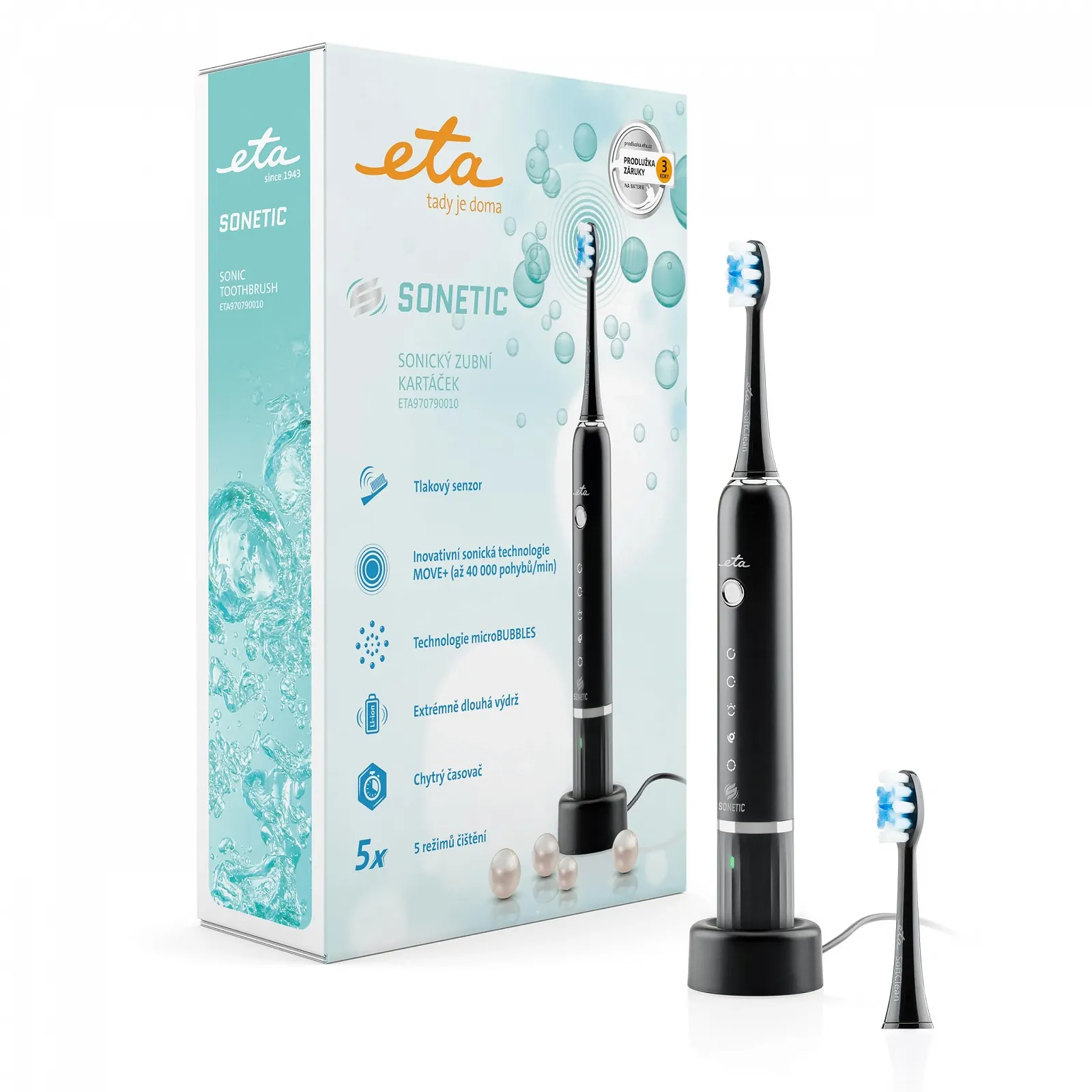 Электрическая звуковая зубная щетка ETA Sonetic 5 режимов чистки, 40 000 движений/мин, датчик давления, таймер, 3.7 V Li-ion, IPX7, 2 сменные насадки Черная, фото №1