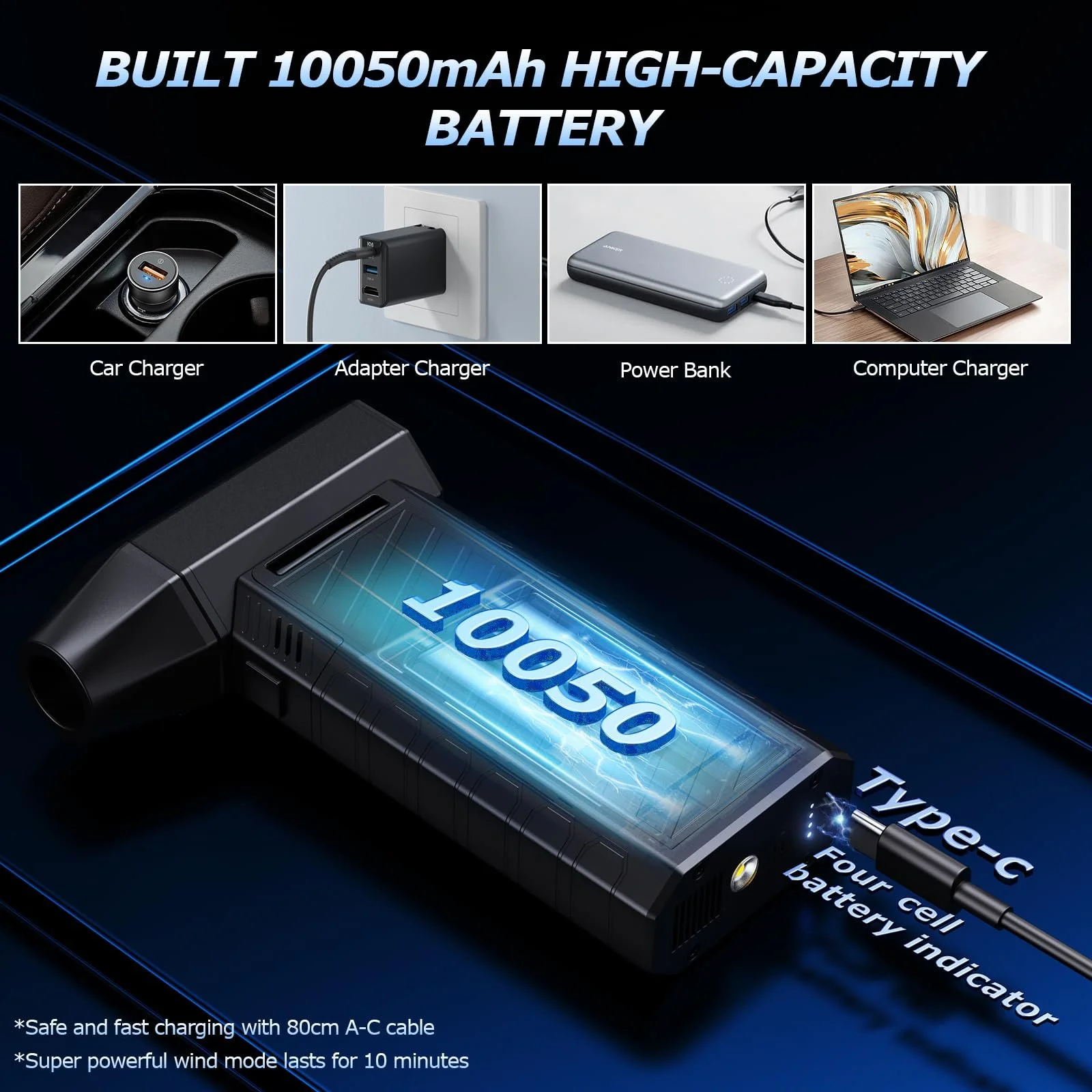 Електрична повітродувка CCmall 180 000 RPM 10 000 mAh 3 швидкості LED-підсвічування Turbo Jet Fan, фото №5 Електрична повітродувка CCmall 180 000 RPM 10 000 mAh 3 швидкості LED-підсвічування Turbo Jet Fan, фото №5