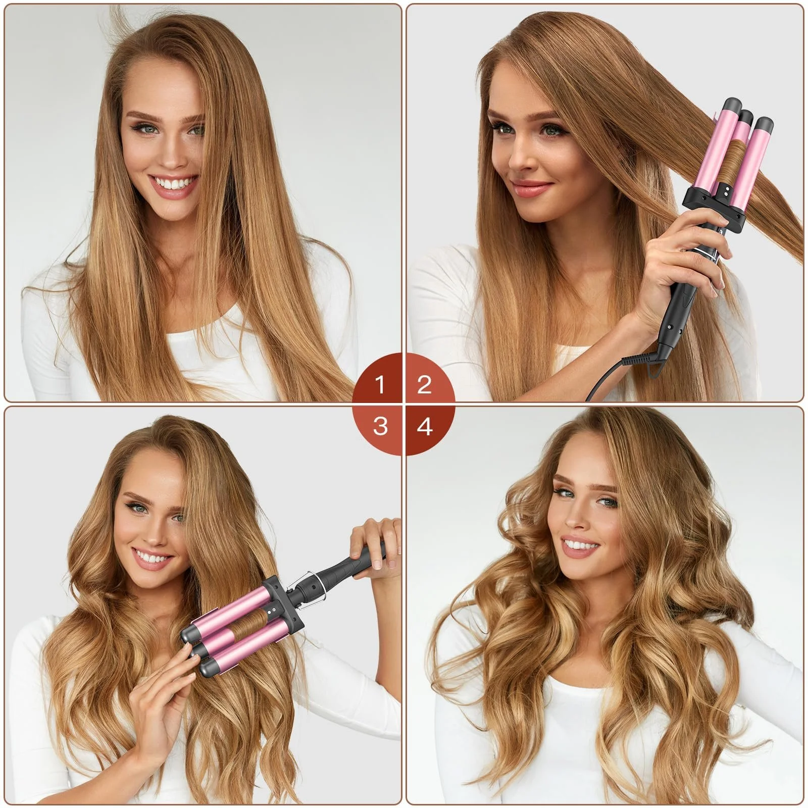 Плойка триствольна Beach Waves 3 Barrels з нержавіючої сталі Pink, фото №7 Плойка триствольна Beach Waves 3 Barrels з нержавіючої сталі Pink, фото №7