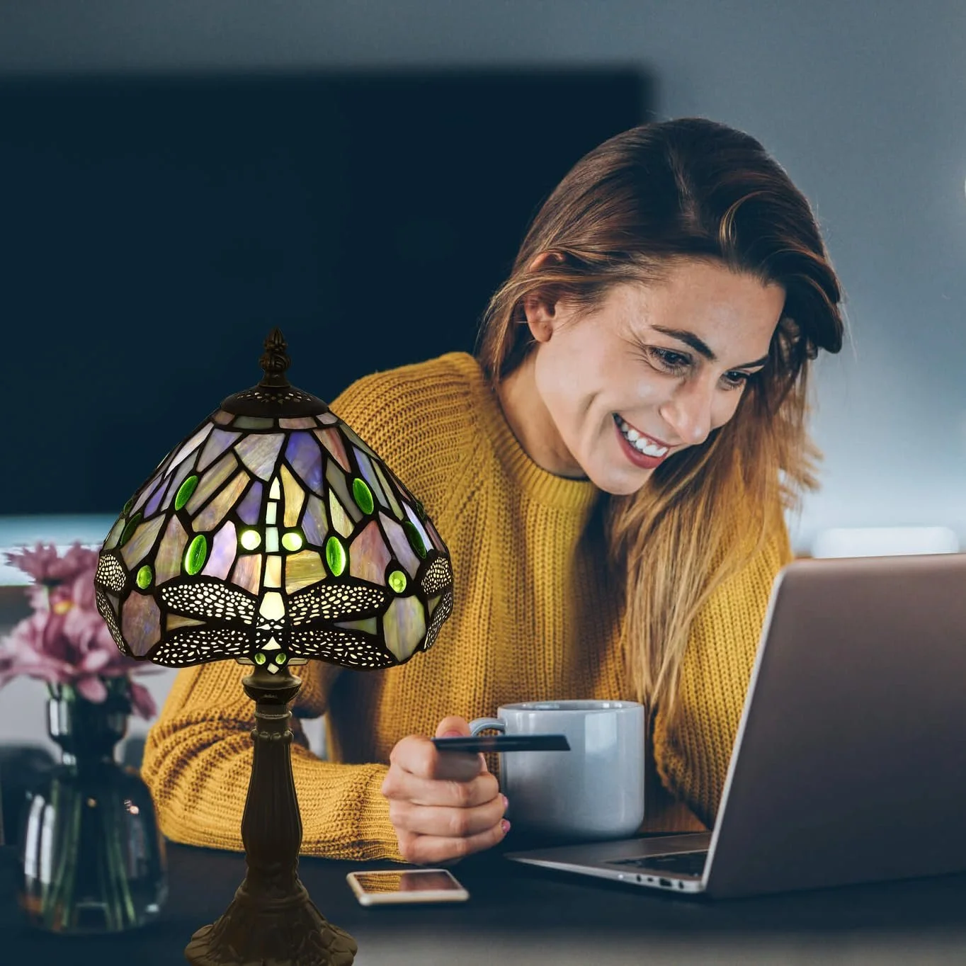 Настільна лампа Tiffany Вітражне скло Блакитна бабка Ретро Декоративна, фото №9