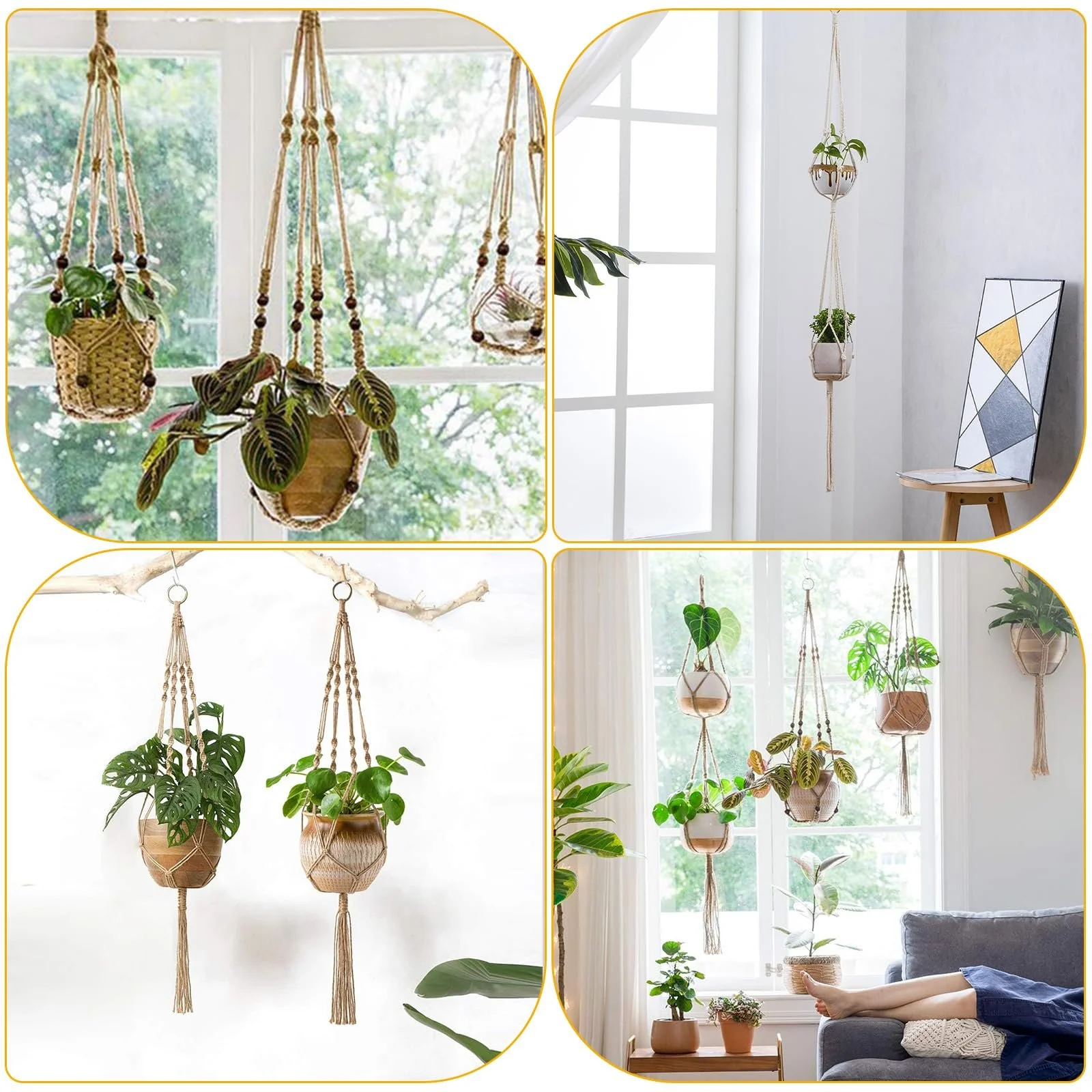 Підвісний кошик для квітів макраме набір 4 шт бохо бавовняна мотузка коричневий, фото №7