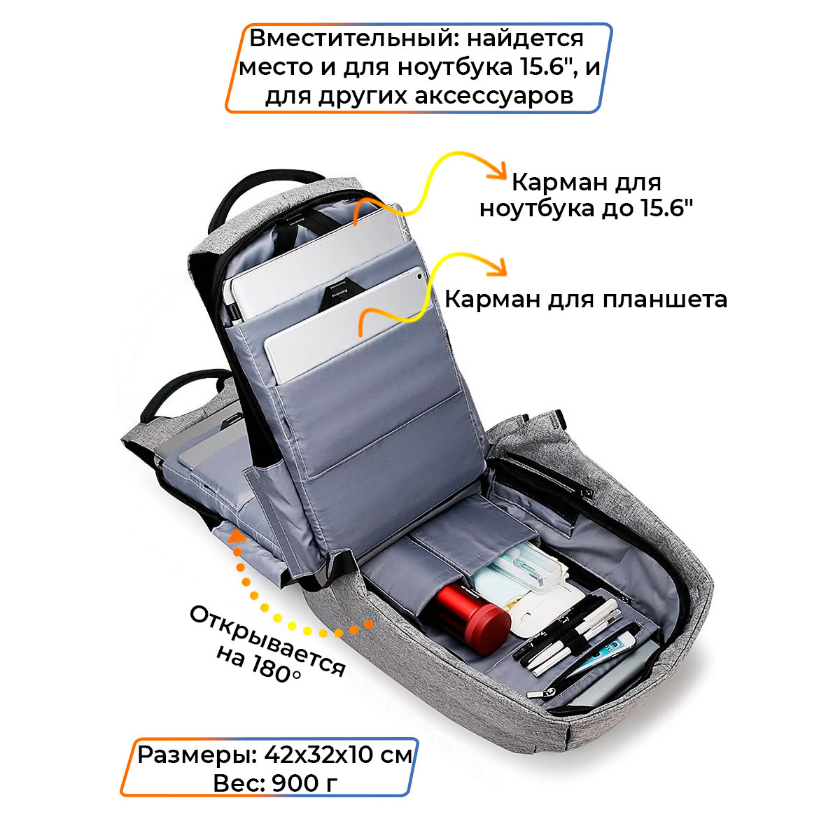 Рюкзак городской антивор Mark Ryden 5815 18л для ноутбука до 15,6" с USB Grey 16244, фото №3