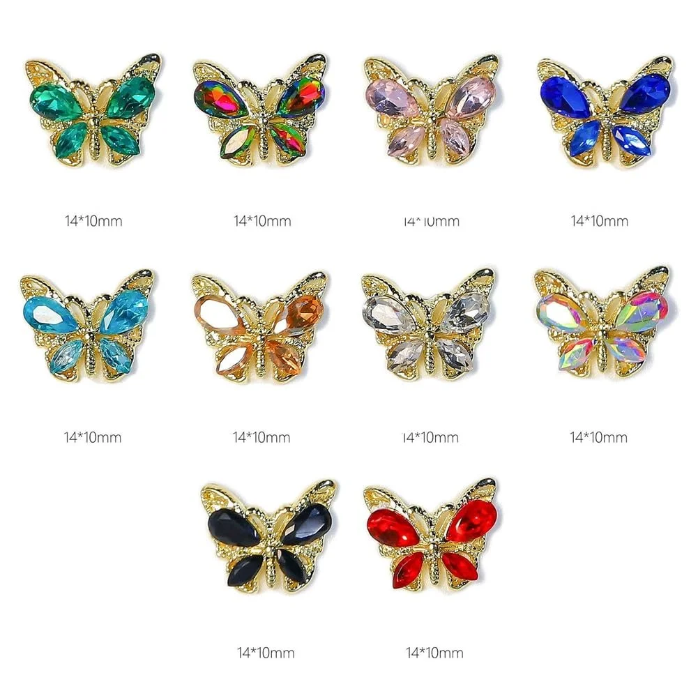 Украшения для ногтей Бабочки 10 шт, 3D кристаллы, 10 цветов, блестки, стразы, металл, фото №2