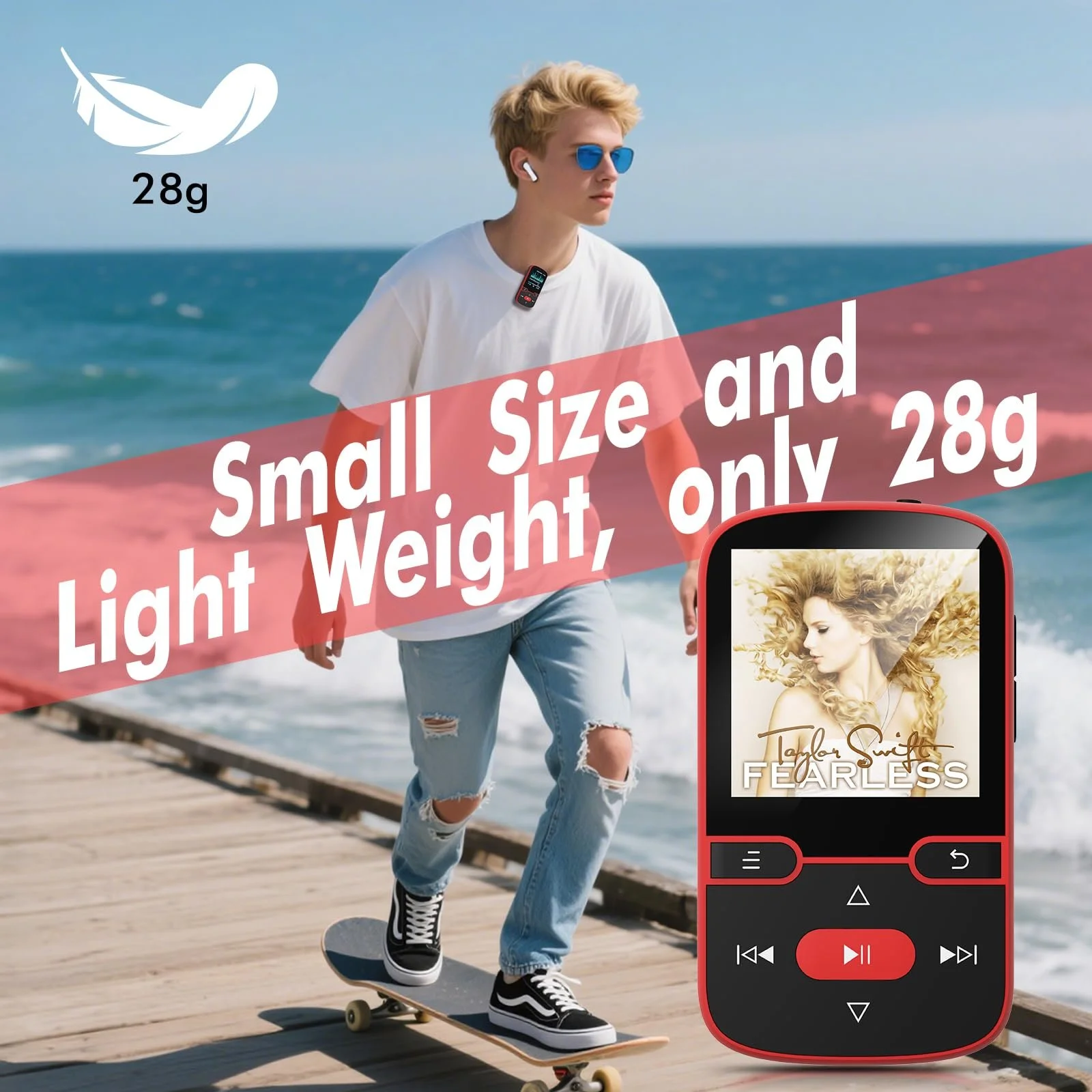MP3-плеер 64 GB Bluetooth 5.3 с клипсой, детский HiFi спортивный музыкальный плеер, 1.5-дюймовый экран, FM-радио/шагомер/диктофон, вес 28 г, TF-карта до 128G, фото №5