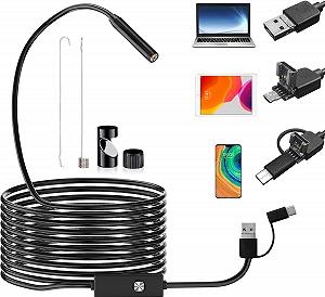Эндоскоп 3 в 1 Type C USB Эндоскоп с 6 LED подсветкой, 7мм IP67 водонепроницаемая камера для труб для Android планшетов Samsung (5 м) - Фото 1