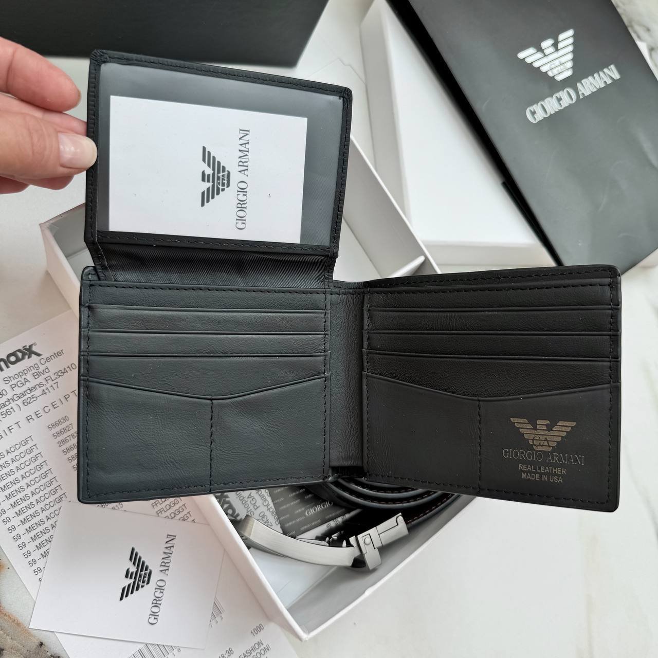 Подарунковий набір Armani чоловічий ремінь та гаманець з натуральної шкіри, фото №3