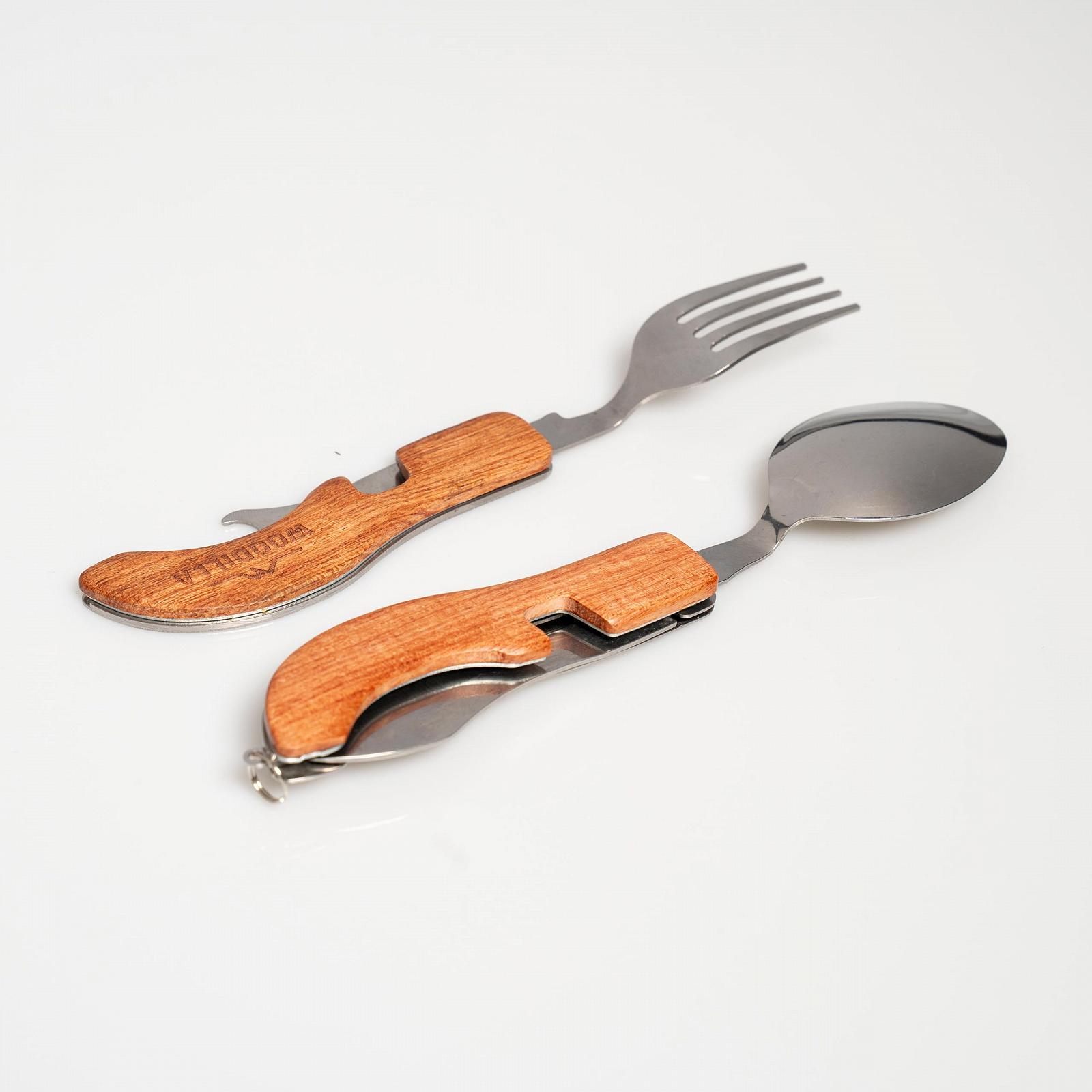 Набір столових приборів Woodilla Outdoor, складні, з нержавіючої сталі та дерева, ніж, виделка, ложка, відкривачка для пляшок, 4 в 1, коричневий та срібний, фото №2