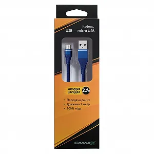 Кабель Grand-X USB-microUSB Cu 2.1A, 1.2м Blue NM012BL