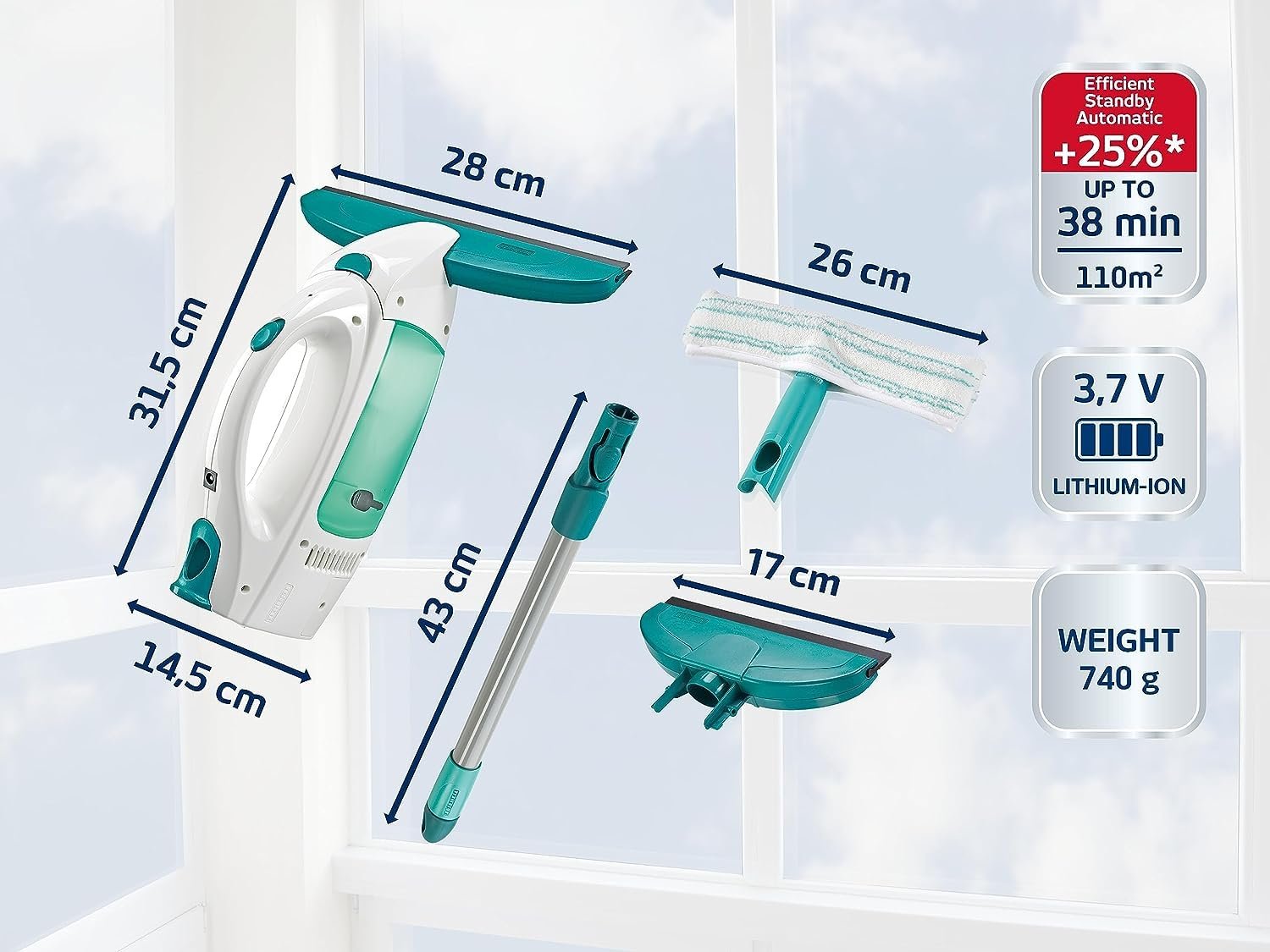 Очиститель окон Leifheit Dry and Clean Complete Set ABS/Silicone/TPR/PA6/Полипропилен/Сталь, 15 x 28 x 31.5 см, бирюзовый/белый, фото №8