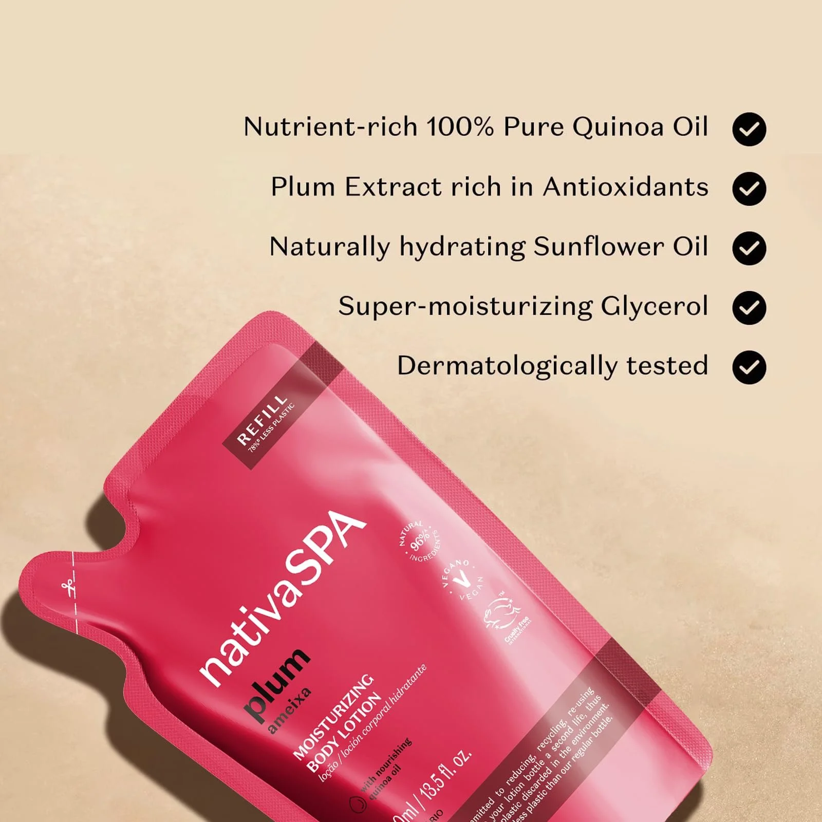 Увлажняющее средство для тела O Boticário Native SPA Слива, Парфюмированный лосьон для тела с каплями киноа для большего увлажнения, 400 мл, фото №3 Увлажняющее средство для тела O Boticário Native SPA Слива, Парфюмированный лосьон для тела с каплями киноа для большего увлажнения, 400 мл, фото №3