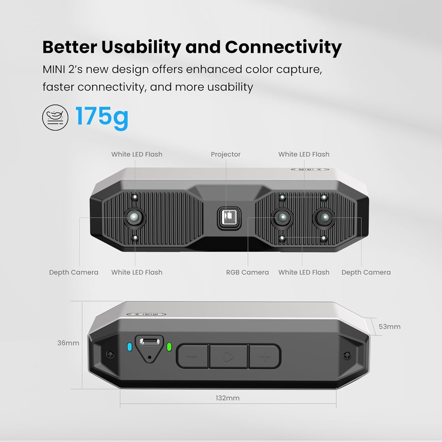 3D-сканер Revopoint MINI 2 / Точність до 0,02 мм / Блакитне структуроване світло / 16 кадрів/с / Wi-Fi 6 та USB-C / RGB-камера для текстур / Чорний, фото №5