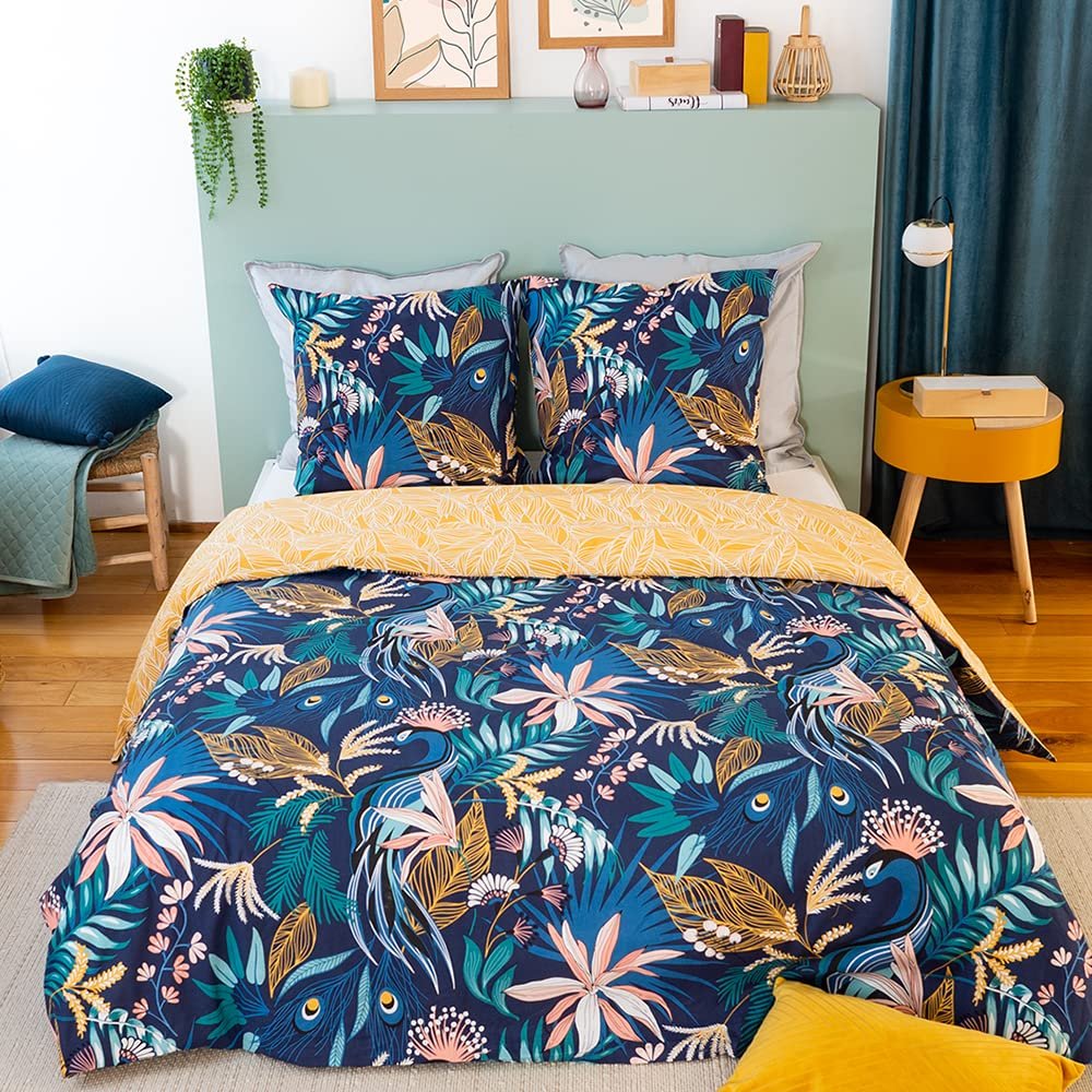 Підковдра CÔTE Deco Tropical Leaves 220 x 240 см + 2 наволочки 63 x 63 см, 100% м'яка бавовна, синій (240 x 220 см), фото №2