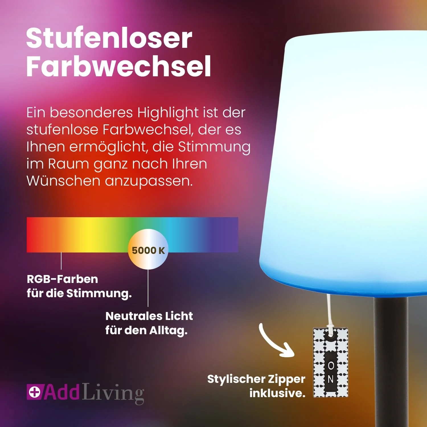 Настільна лампа AddLiving LED Зі шнурковим вимикачем Димуєма Бездротова RGB IP44 Чорна, фото №5