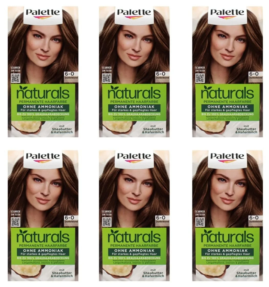 Краска для волос Palette Naturals 6-0 Темный блонд, Питательная краска для волос без аммиака, Окрашивание до 100% покрытия седины, Веганская формула, 115 мл (6 шт. в упаковке), фото №1 Краска для волос Palette Naturals 6-0 Темный блонд, Питательная краска для волос без аммиака, Окрашивание до 100% покрытия седины, Веганская формула, 115 мл (6 шт. в упаковке), фото №1