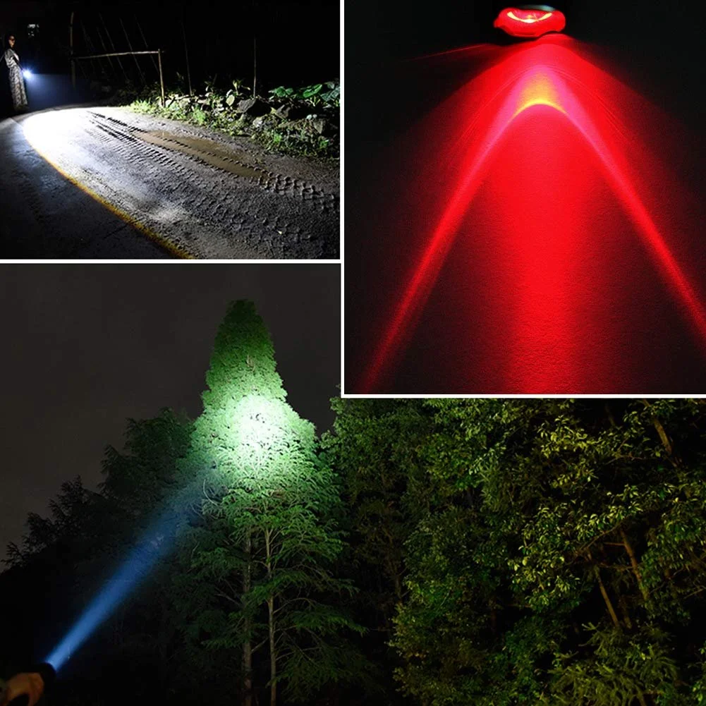 Ліхтар 3-колірний (червоний, зелений, білий) LED Інтегрований Водонепроникний з регульованим фокусом з акумулятором 2200 мАг та USB зарядним пристроєм для риболовлі, походів, кемпінгу, фото №7