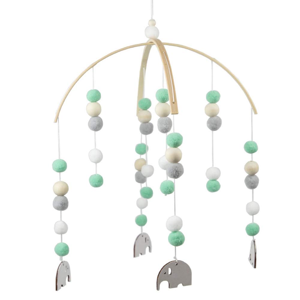 Детская кроватка Felt Ball Mobile, детская кроватка Mobile Wind Chime Rattle Toy, детская комната Hanging Bed Bell, деревянные Pom Pom Mobile Ornament для Cot, для девочек, мальчиков, зеленый Elephant Hanger, фото №1