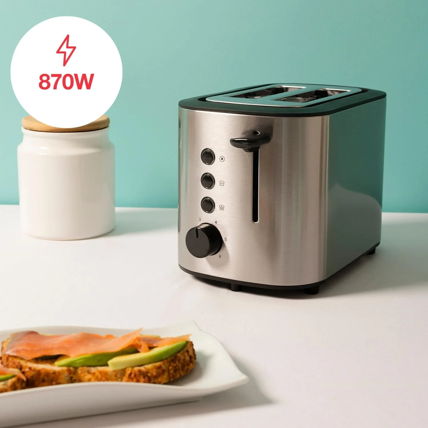 Тостер Solac Buon Giorno Mini Inox, 870 Вт,  6 рівнів підсмажування, 3 функції, 2 скибочки, самоцентрування, LED-підсвітка, висувний піддон для крихт, сірий, фото №2