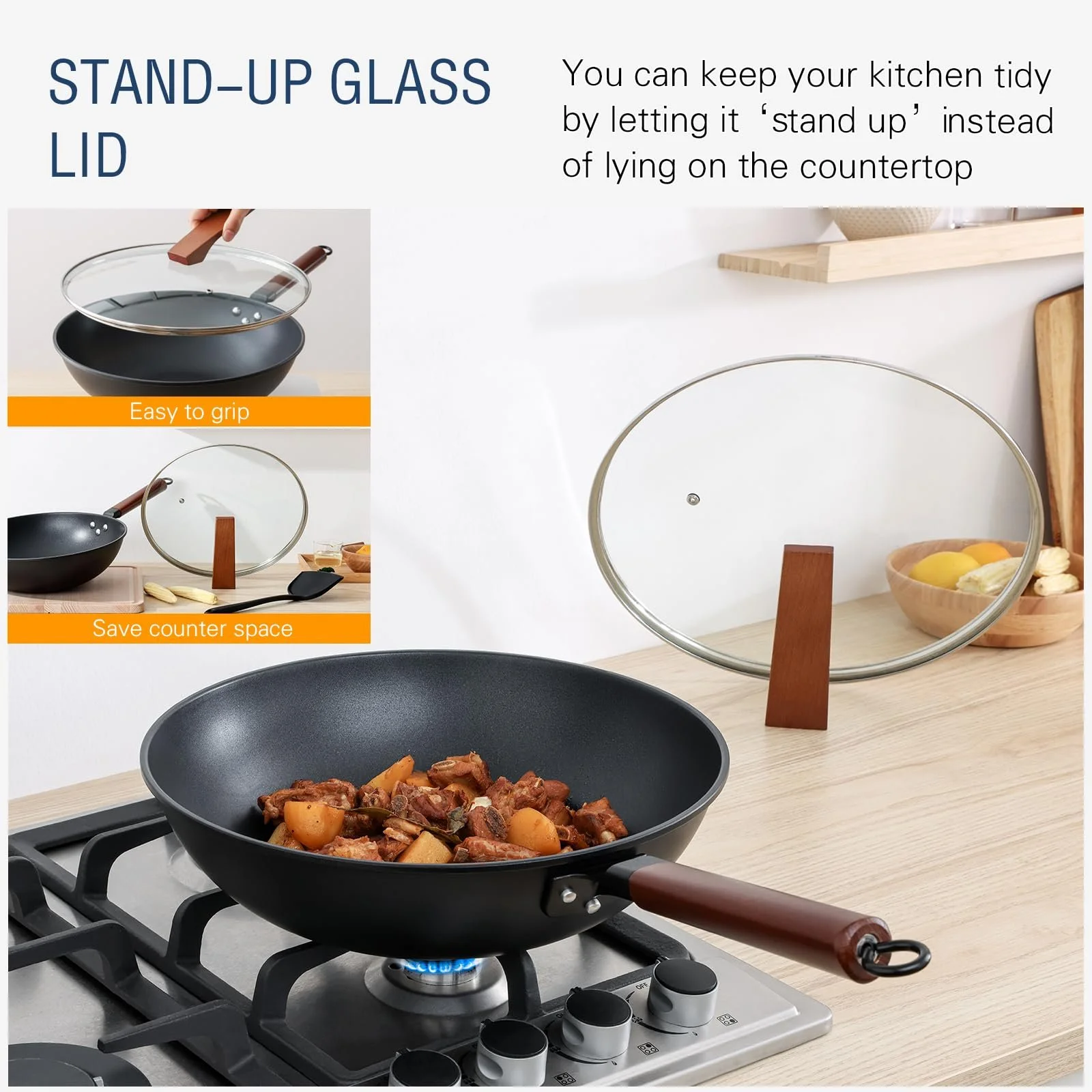 Сковорідка-Вок Kordisen Без прилипання 33 см/5.6 л з кришкою, Без хімічного покриття, Попередньо оброблений, Підходить для індукційних/електричних/газових плит, фото №7