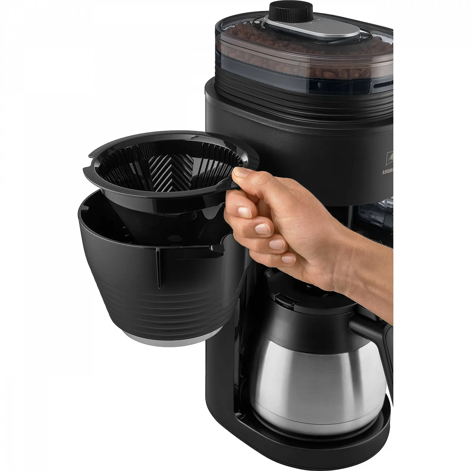 Кофемашина с кофемолкой Melitta AromaFresh Therm Pro X, с термокувшином и съемным резервуаром для воды, до 8 чашек кофе, черная, фото №4 Кофемашина с кофемолкой Melitta AromaFresh Therm Pro X, с термокувшином и съемным резервуаром для воды, до 8 чашек кофе, черная, фото №4