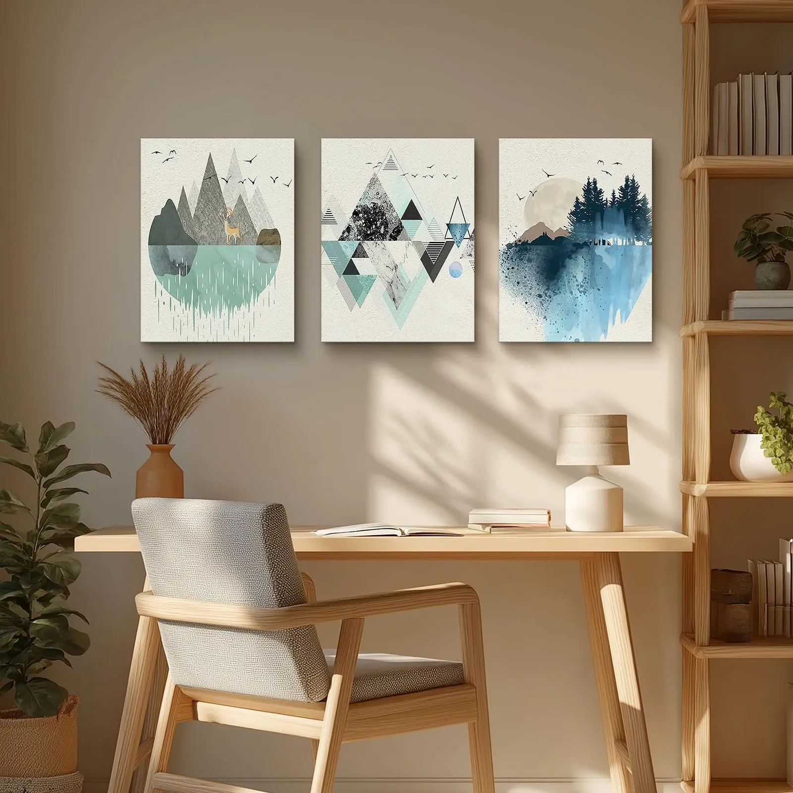 Картина на холсте hyidecorart Abstract Pictures Green and Blue Geometric Mountain Landscape Nordic Minimalist, фото №2