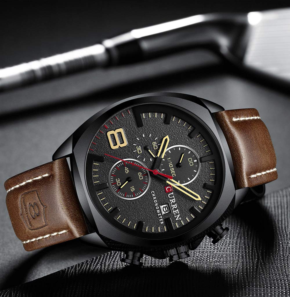 Мужские часы с хронографом на кожаном ремешке Classic Casual из нержавеющей стали водонепроницаемые с датой аналоговые кварцевые, чёрные, фото №3 Мужские часы с хронографом на кожаном ремешке Classic Casual из нержавеющей стали водонепроницаемые с датой аналоговые кварцевые, чёрные, фото №3