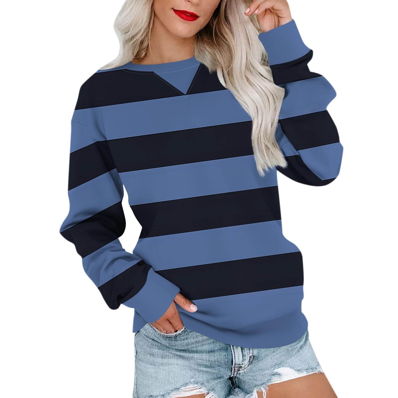 Женский свитшот Generisch Однотонный с круглым вырезом Повседневный полосатый, фото №1