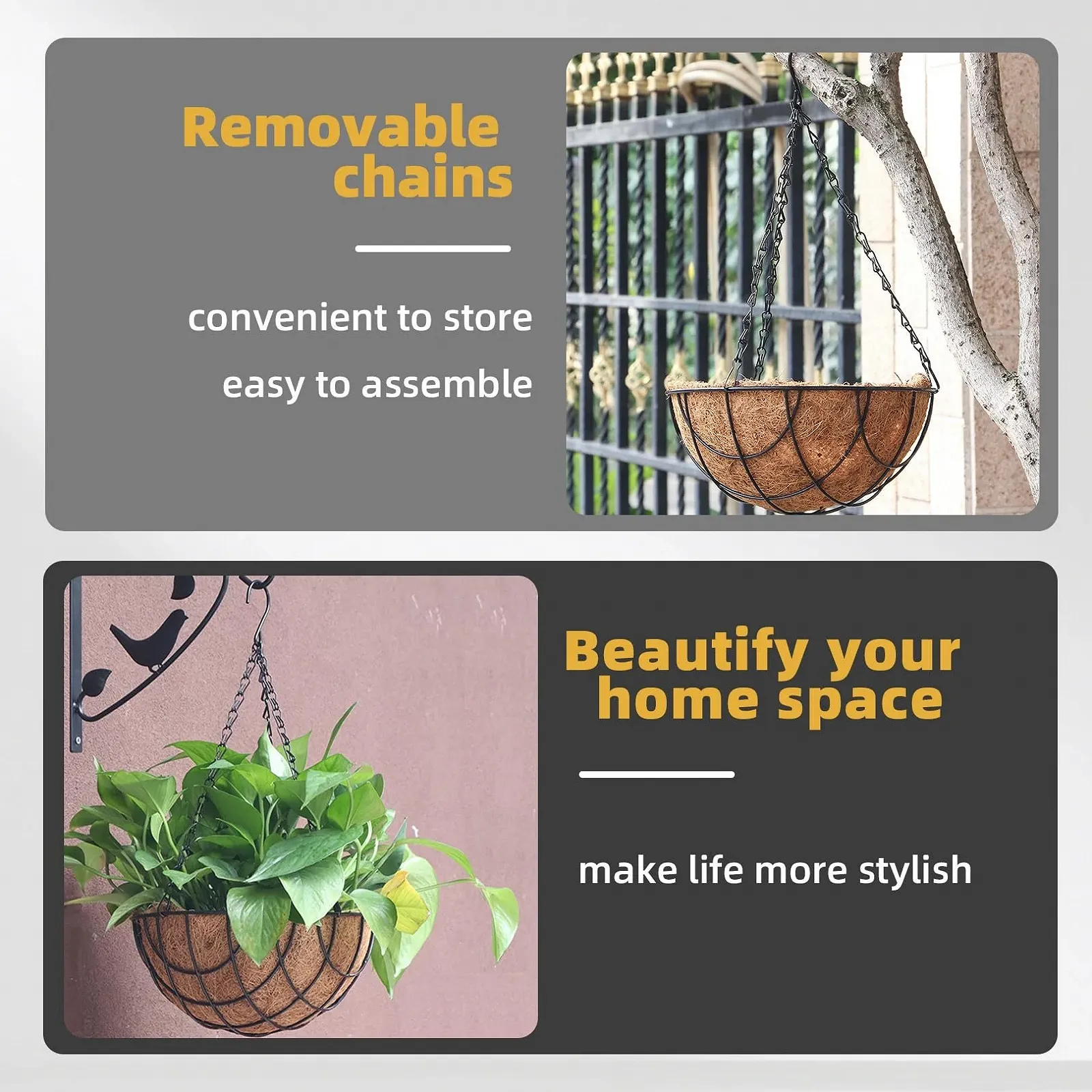 Набір ланцюгів для підвісних кошиків 4 шт. 50 см Метал Чорний з гачками та карабінами, фото №4