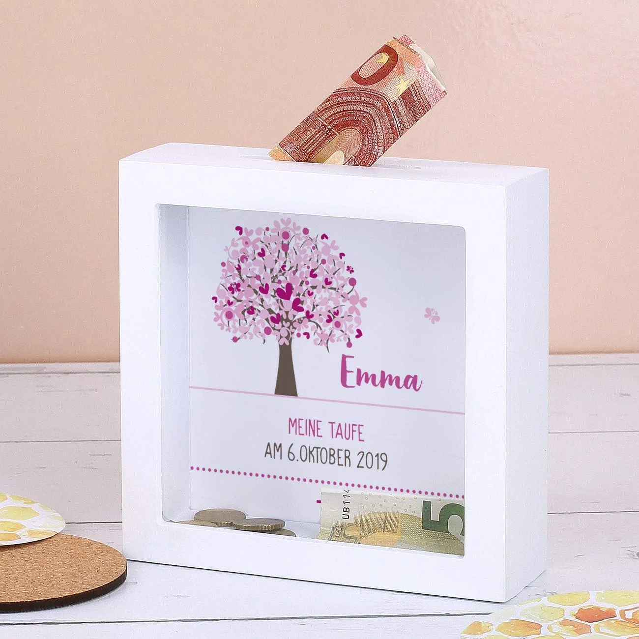 Копилка Striefchen® для денежного подарка на рождение и крещение именная белая 13x13x5 см, фото №2