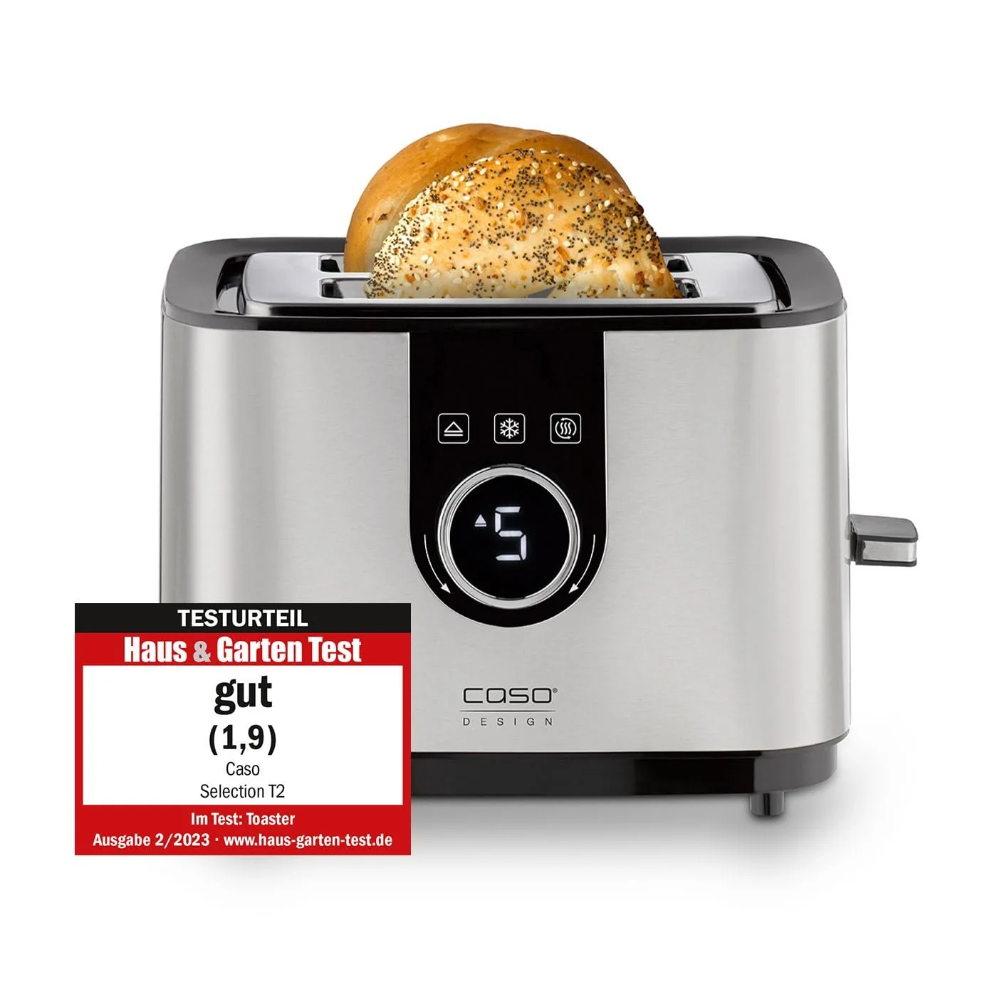 Тостер CASO Selection T 2 Design, корпус з нержавіючої сталі, оптимальне регулювання ступеня підсмажування на 7 рівнях, з насадкою для булочок, з додатковим підігрівом, функцією розморожування, на 2 скибочки тосту, фото №1