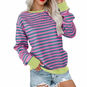 Женский Свитшот 2025 Зима Большой размер в полоску Цветная вставка Длинный рукав Круглый вырез Свободный пуловер Рубашка Топ - Фото 1