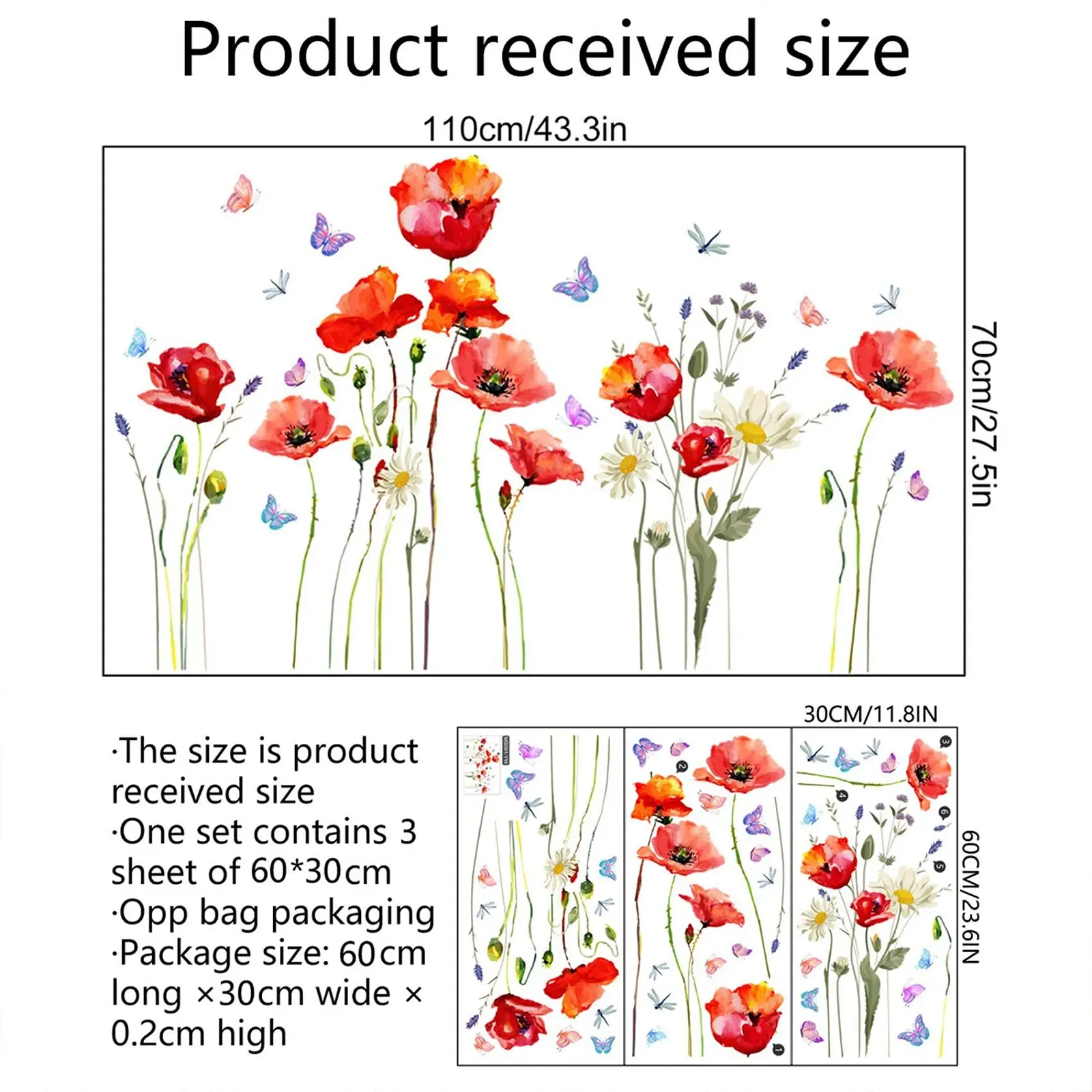 Настінна наклейка Large Vintage Flower Plant Vines Butterflies 30 x 60 см 3 аркуші, фото №2