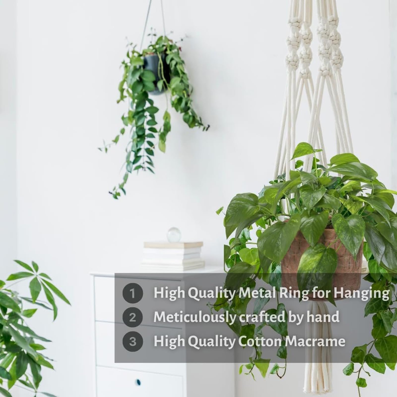 Набір макраме-підвісів для рослин 4 шт. Бавовна Бохо стиль Білий з гачками, фото №3 Набір макраме-підвісів для рослин 4 шт. Бавовна Бохо стиль Білий з гачками, фото №3