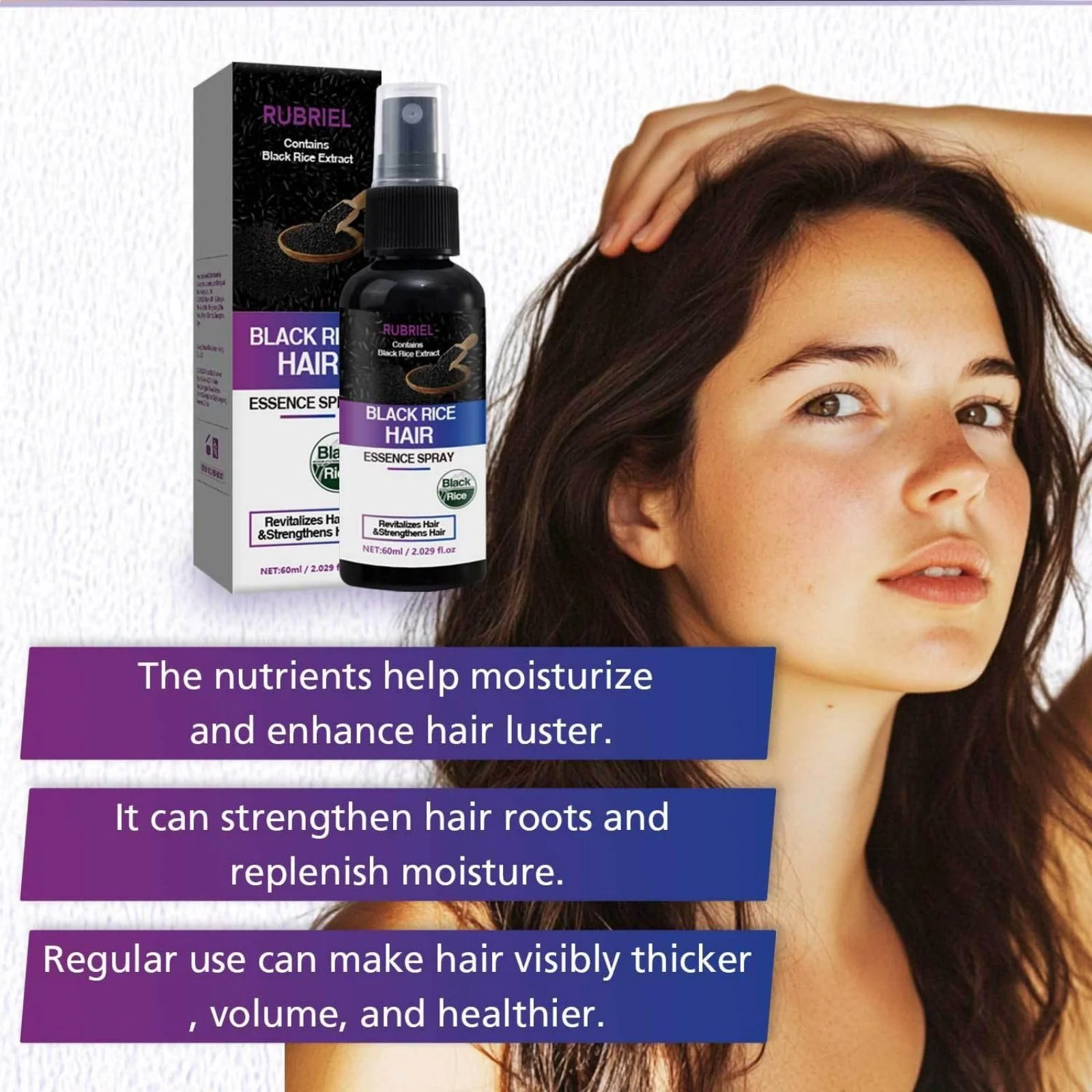 Спрей для росту волосся з водою з чорного рису, глибоке зволоження, зміцнення, фото №5