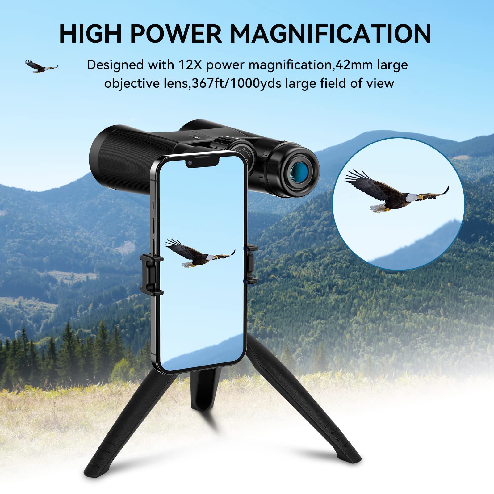 Бинокли FLYSH HD 12x42 для взрослых Водонепроницаемые С адаптером для телефона и штативом, фото №4