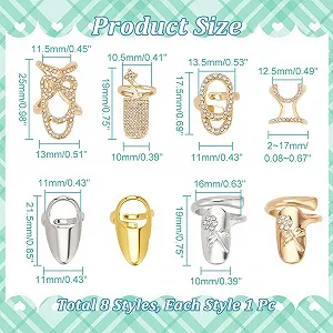 Кільця для нігтів nbeads 8 штук 8 стилів Метал Стрази Золотий/Світло-золотий/Платина synthetic.ua - Фото 1