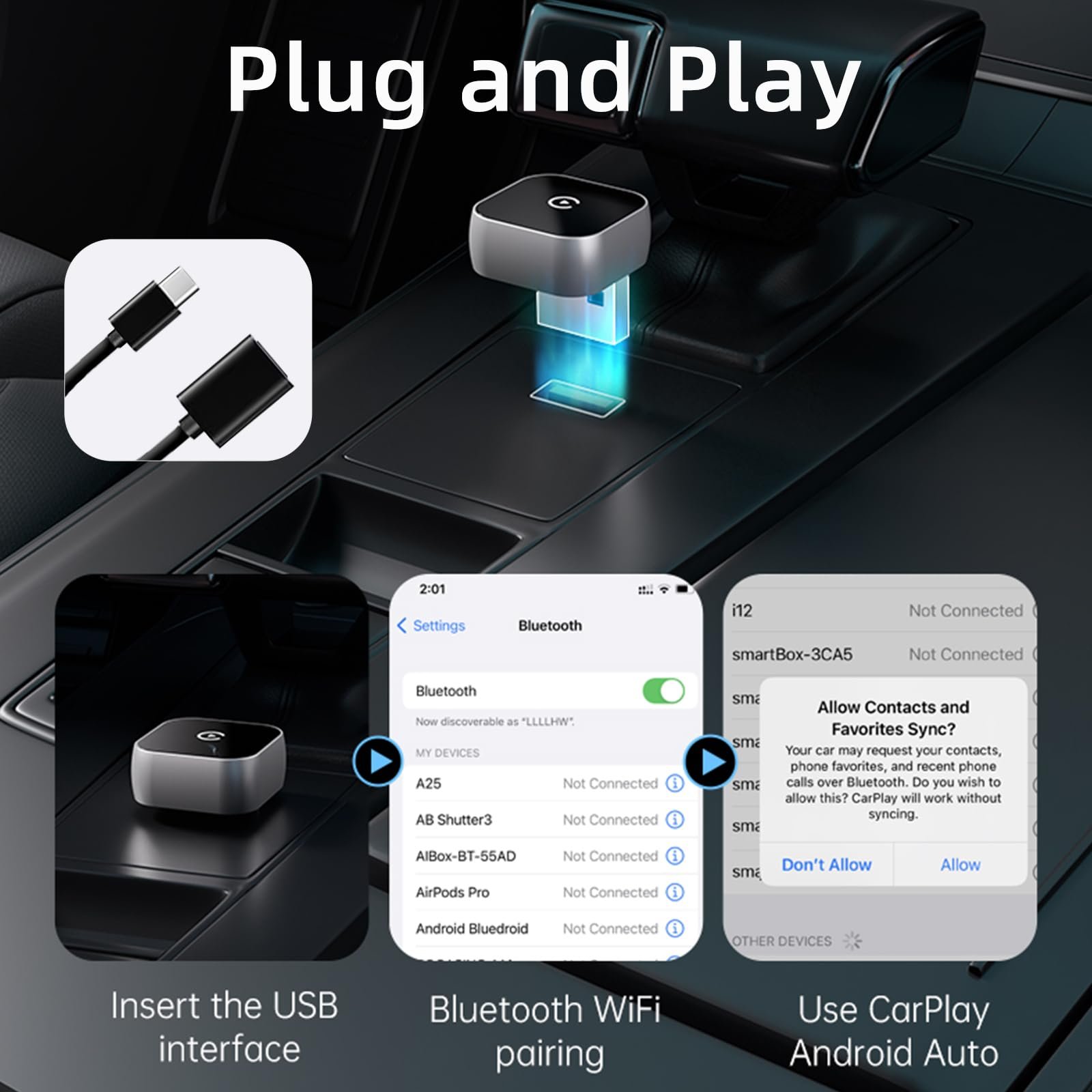 Беспроводной адаптер CarPlay 2-в-1 Беспроводной адаптер CarPlay и Android для автомобиля Модернизированный беспроводной адаптер Carplay 2025 года Беспроводной CarPlay для автомобилей с 2016+ для iOS 10+/Android 11, фото №4