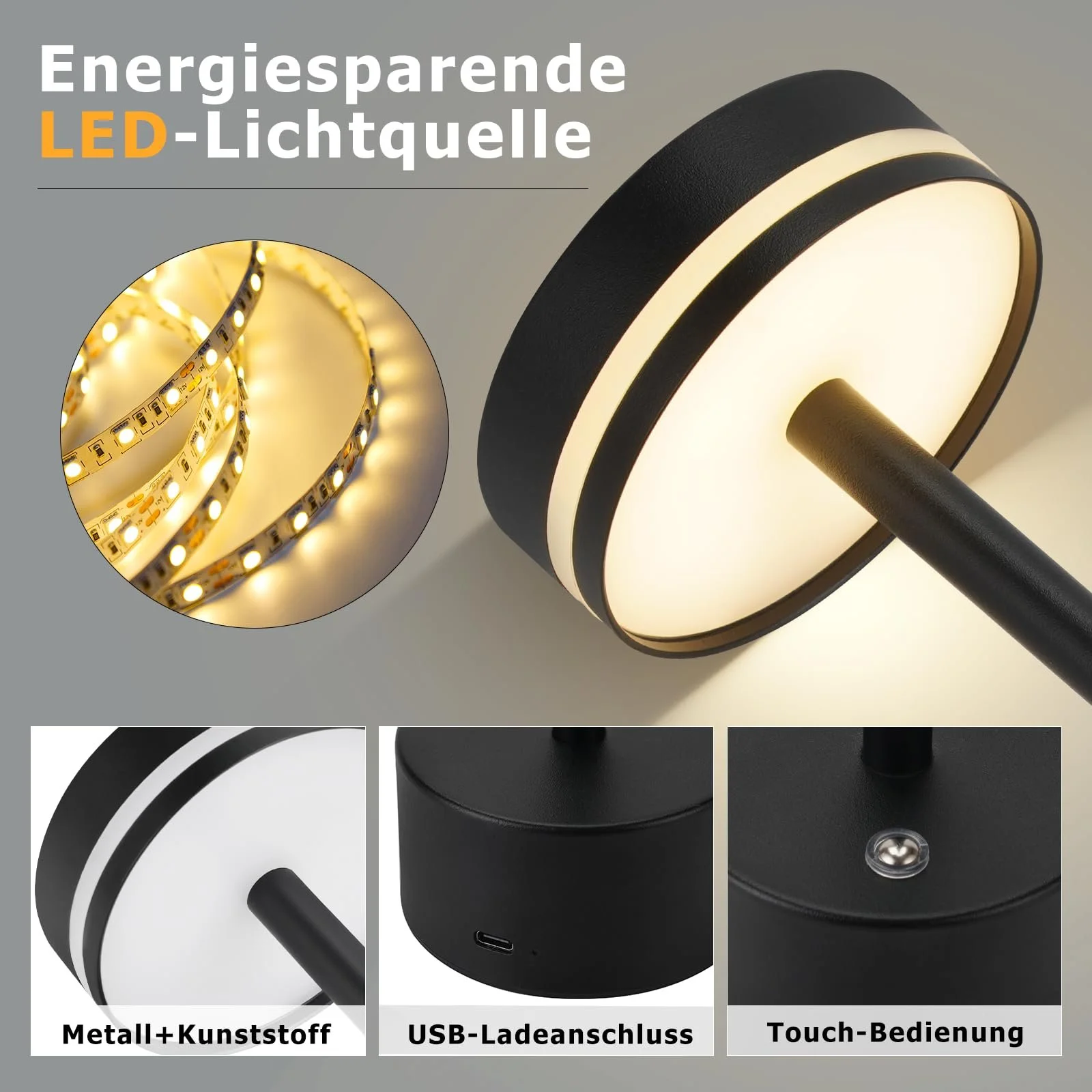 Настільна лампа LED бездротова акумуляторна димована 3000K-6500K USB-C сенсорна Black, фото №3