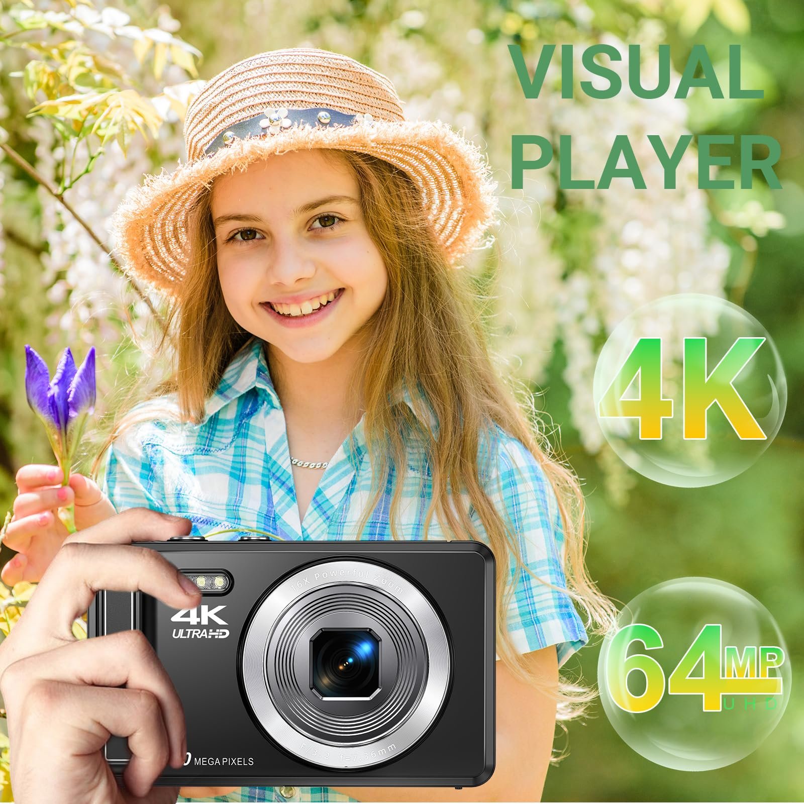 Цифровая камера 4K 64MP, с картой памяти TF 32GB, автофокус, 16X цифровой зум, аккумулятор 1200 mAh, кабель USB, черный, фото №3