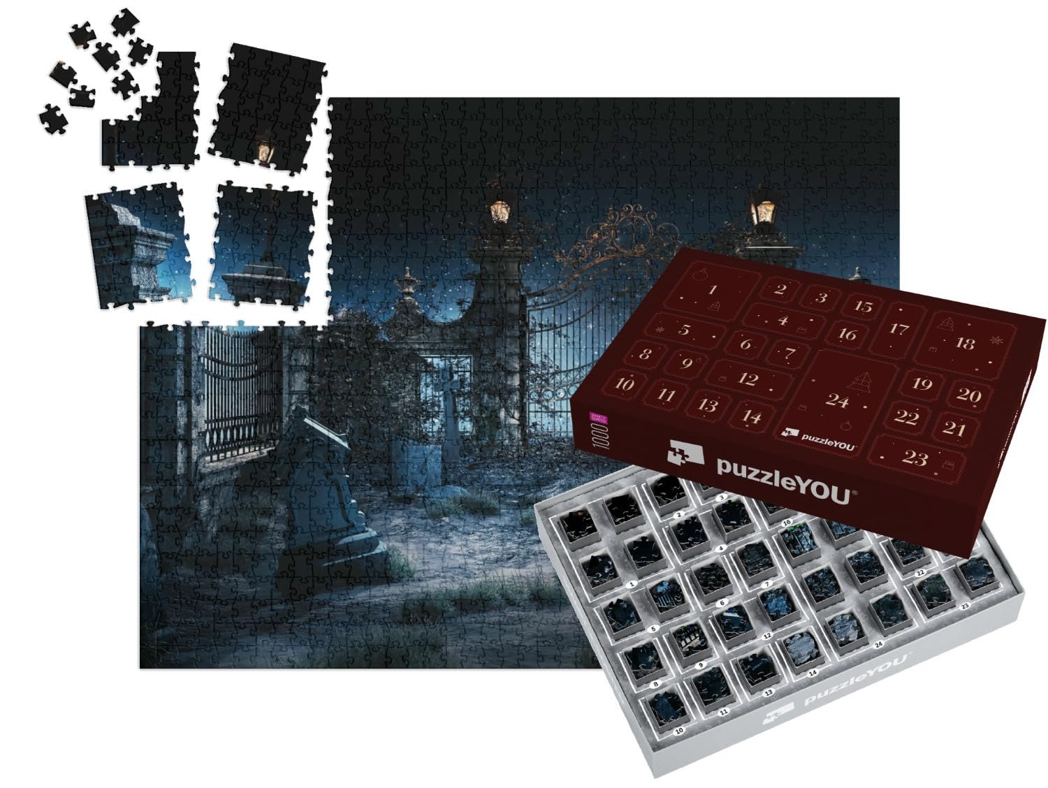 Пазл-адвент-календарь puzzleYOU Gothic Puzzle Collection "Готическое кладбище с железными воротами и фонарями" 1000 деталей, фото №1 Пазл-адвент-календарь puzzleYOU Gothic Puzzle Collection "Готическое кладбище с железными воротами и фонарями" 1000 деталей, фото №1