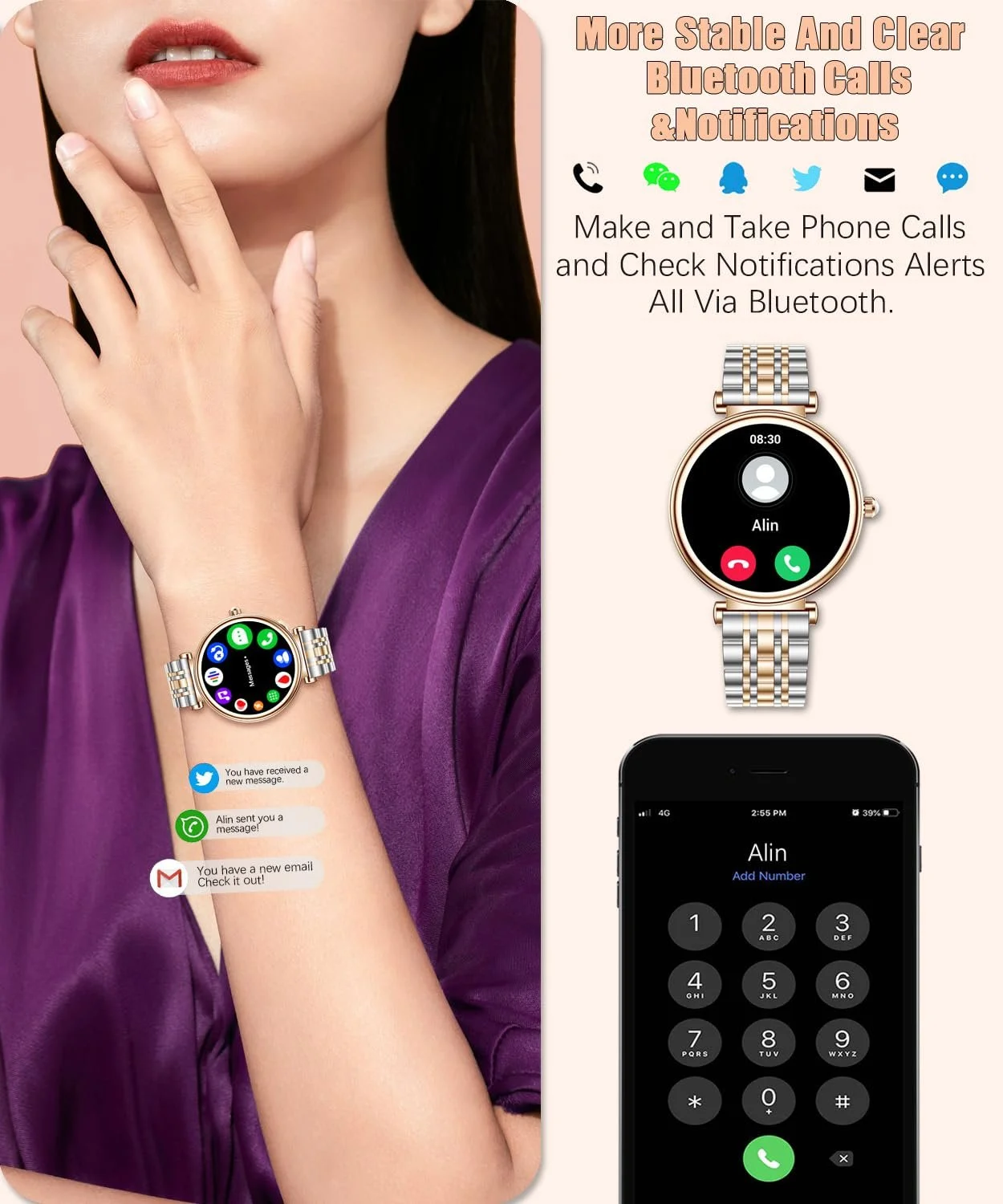 Смарт-часы женские RollsTimi 1.27-дюймовый цветной экран, монитор сердечного ритма и сна, водонепроницаемый, для фитнеса, золотой (двухцветный), фото №2