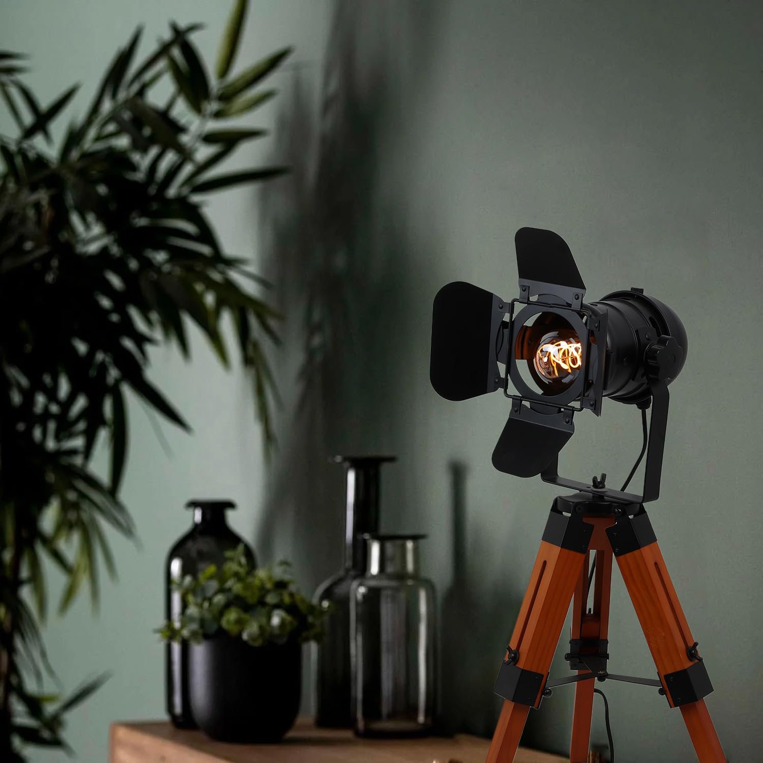 Настільна лампа Alpinaluz Vintage Industrial E27 дерев'яний штатив чорний прожектор, фото №3