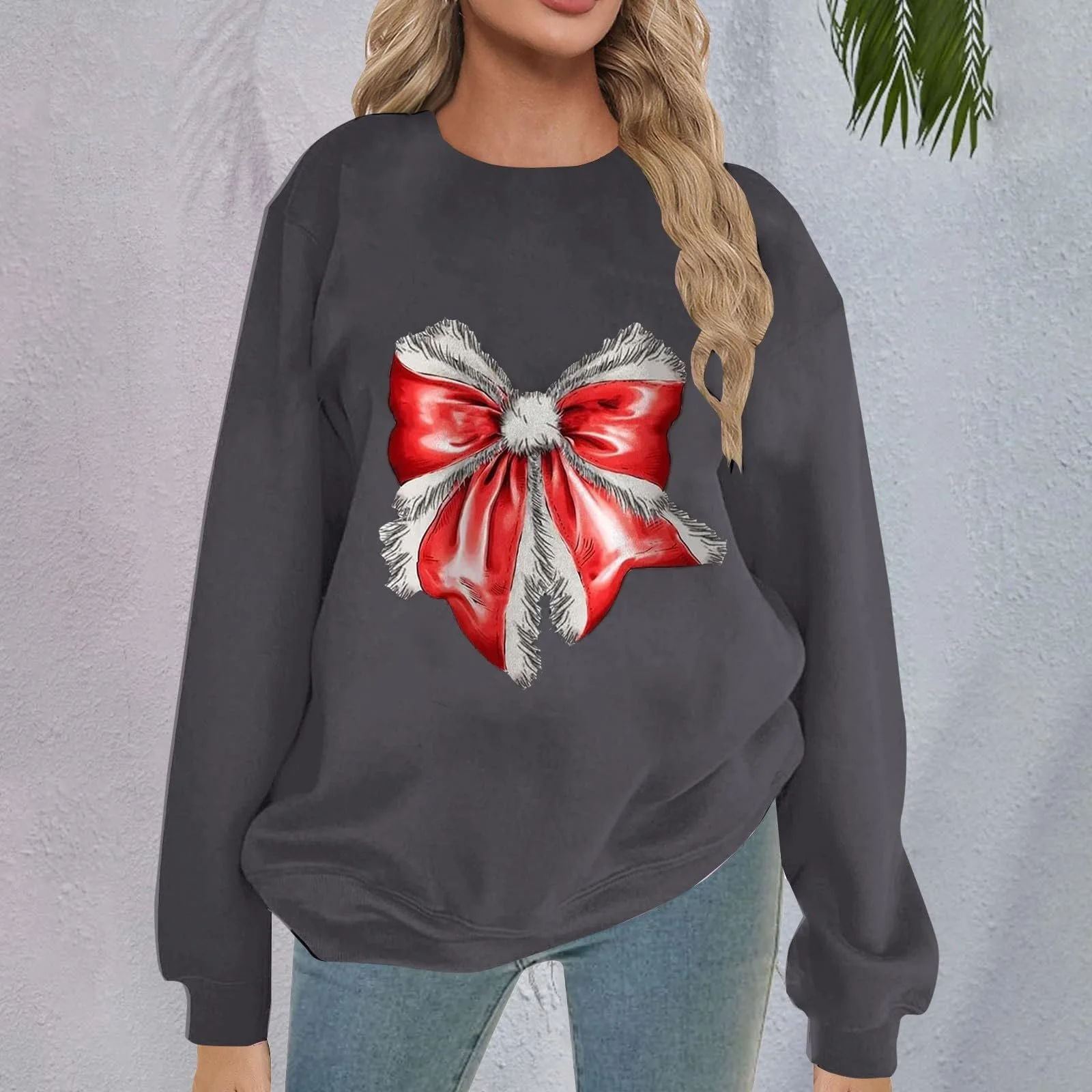 Женские толстовки с капюшоном, рождественские толстовки для женщин, большие флисовые пуловеры с круглым вырезом, милые толстовки с графическим рисунком банта, женские свитеры с длинными рукавами, фото №4