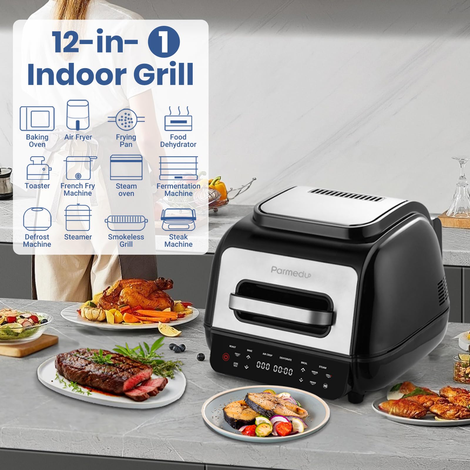 Фритюрниця Parmedu Air Fryer 12-in-1 Smokeless Electric Grill 1800W Контактний гриль XL 6.5L з цифровим датчиком температури, фото №2