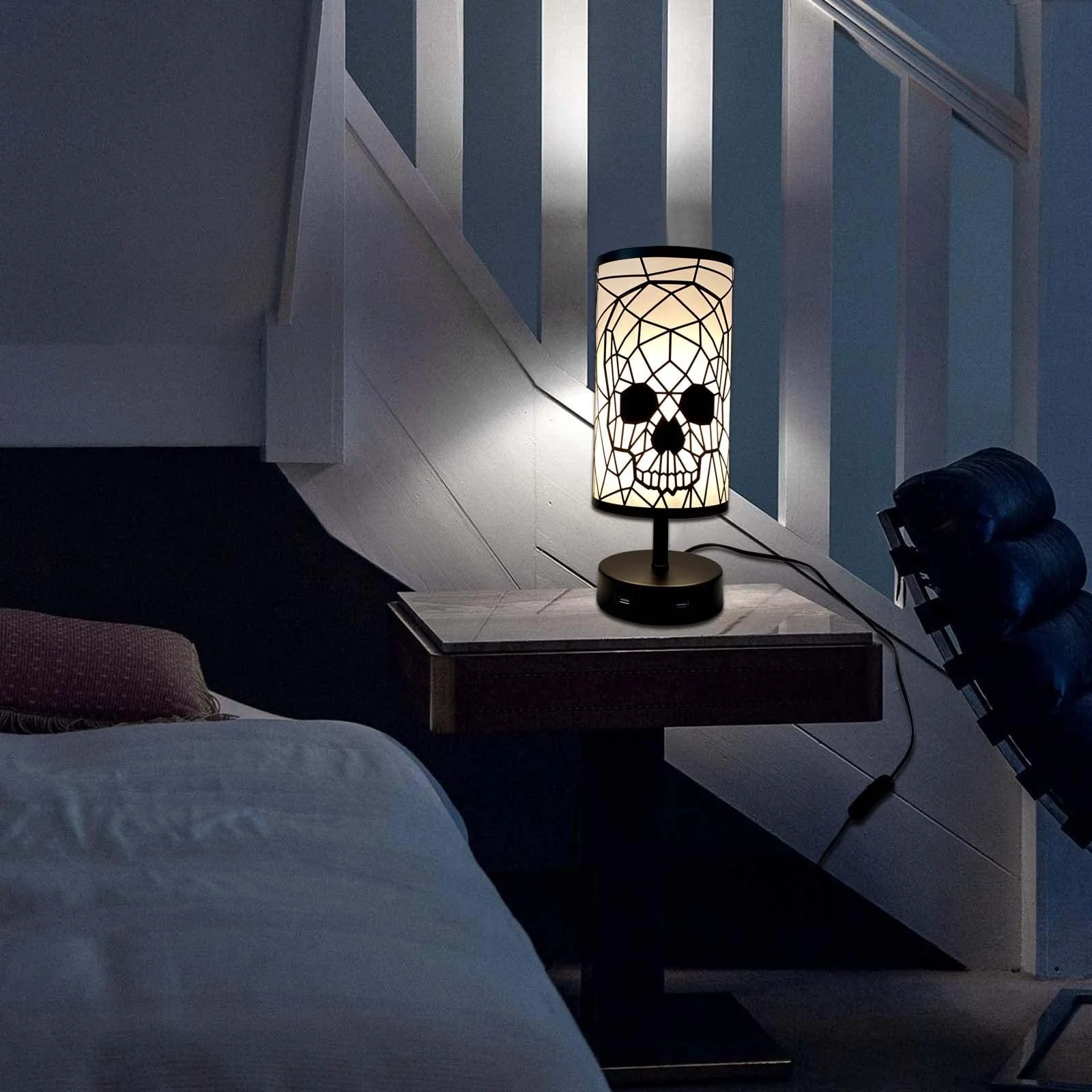Настільна лампа Skull сенсорна з регулюванням яскравості, 2 порти USB, 3 рівні яскравості, ретро E27 метал, чорний, фото №7