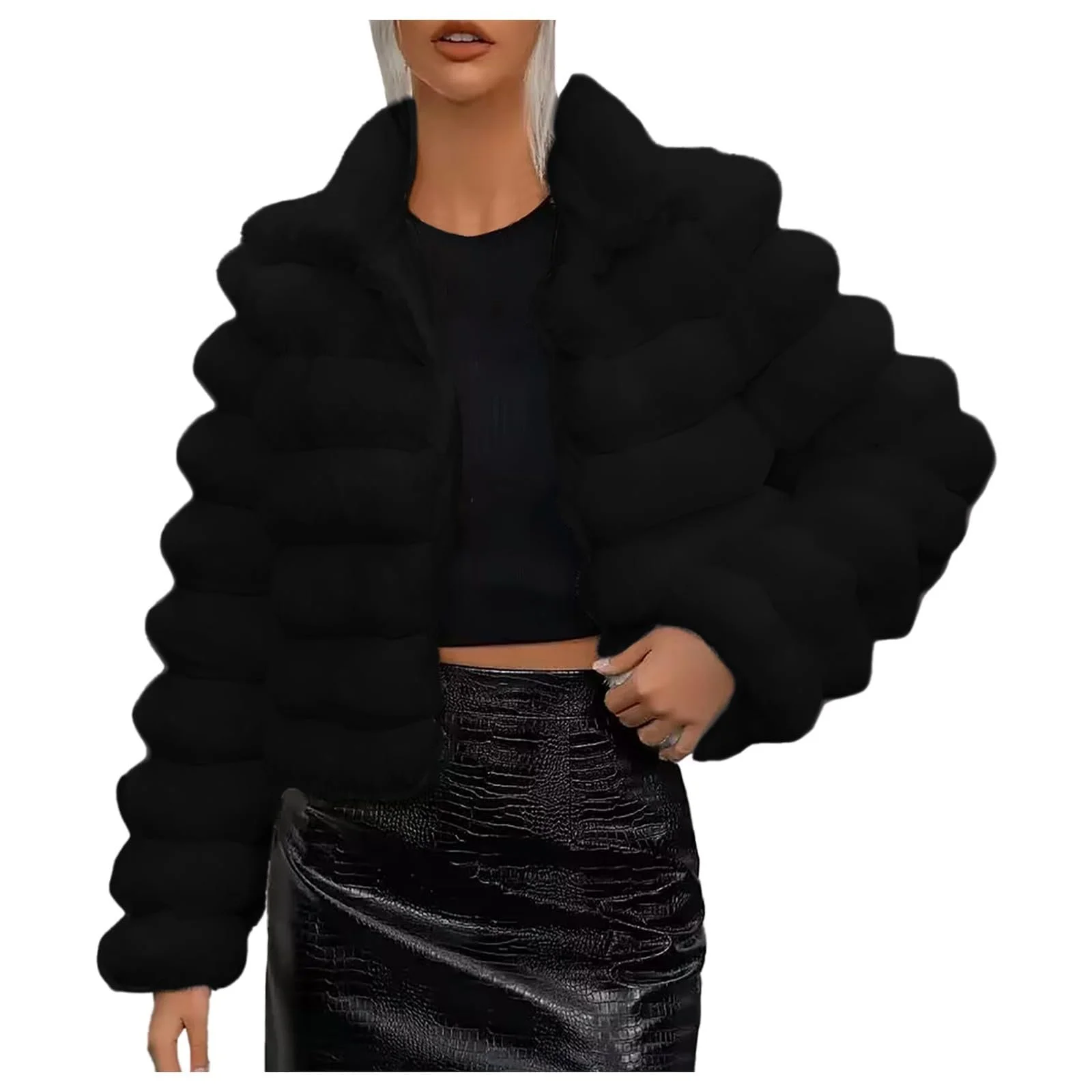 Женское пальто из искусственного меха Однотонное короткое с длинными рукавами, фото №1 Женское пальто из искусственного меха Однотонное короткое с длинными рукавами, фото №1