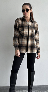 Женская теплая хлопковая рубашка в клетку GDF840 цвет коричневый размер 48/52 - Фото 1