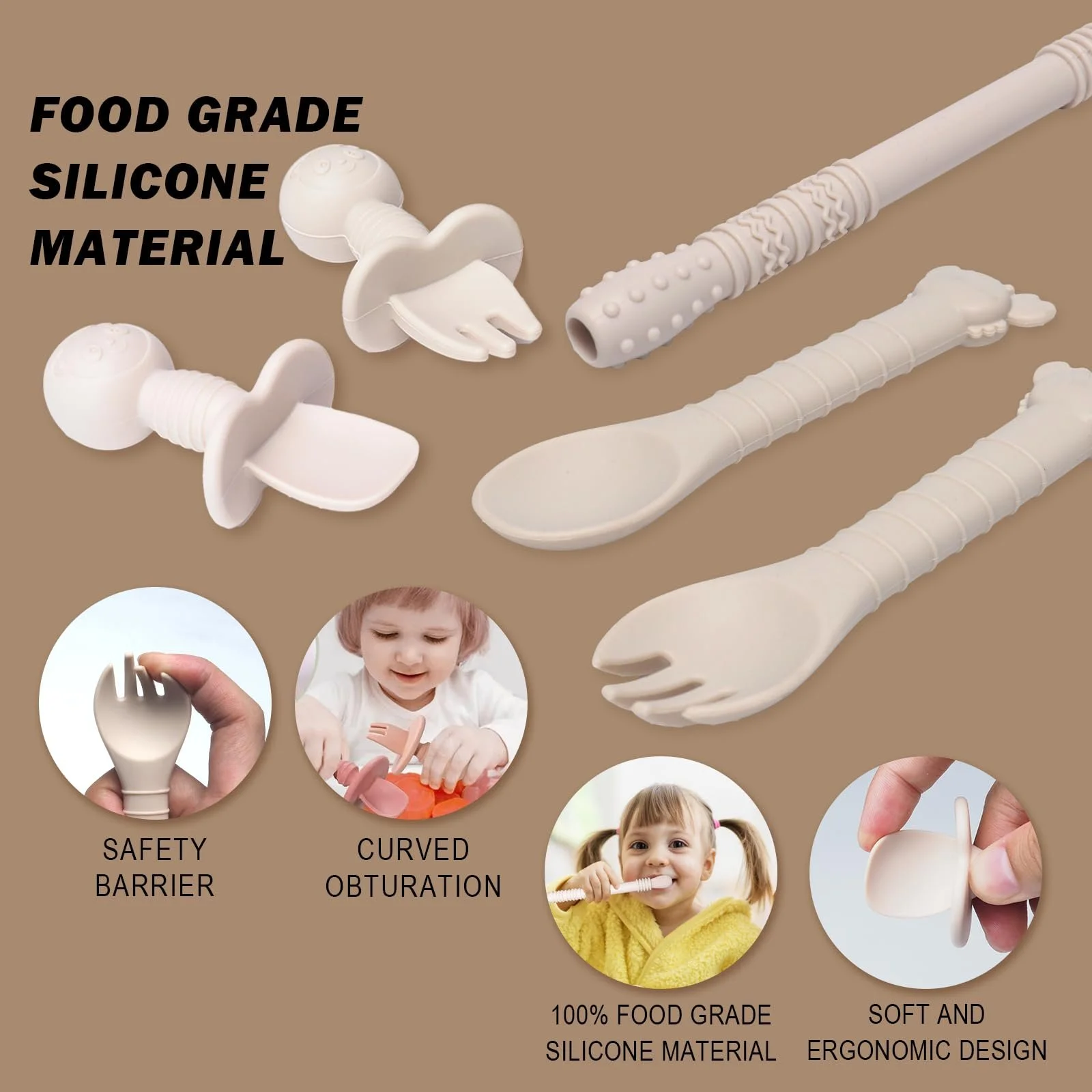 Набір дитячого посуду Kinyoda 10 предметів, силіконовий, нековзкий, з присоскою, з ложкою, виделкою, мискою, слинявчиком, чашкою, тарілкою, бежевий, фото №4 Набір дитячого посуду Kinyoda 10 предметів, силіконовий, нековзкий, з присоскою, з ложкою, виделкою, мискою, слинявчиком, чашкою, тарілкою, бежевий, фото №4