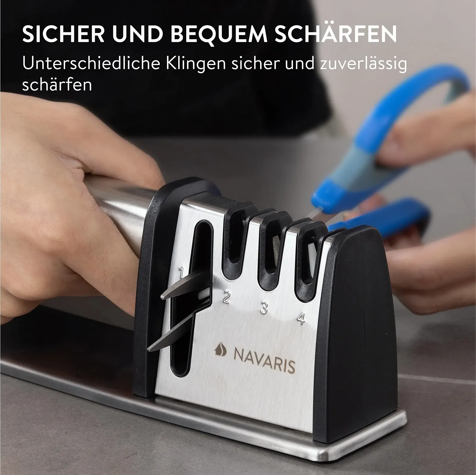 Точилка для ножів та ножиць Navaris Professional 3-ступінчаста нержавіюча сталь, фото №5 Точилка для ножів та ножиць Navaris Professional 3-ступінчаста нержавіюча сталь, фото №5